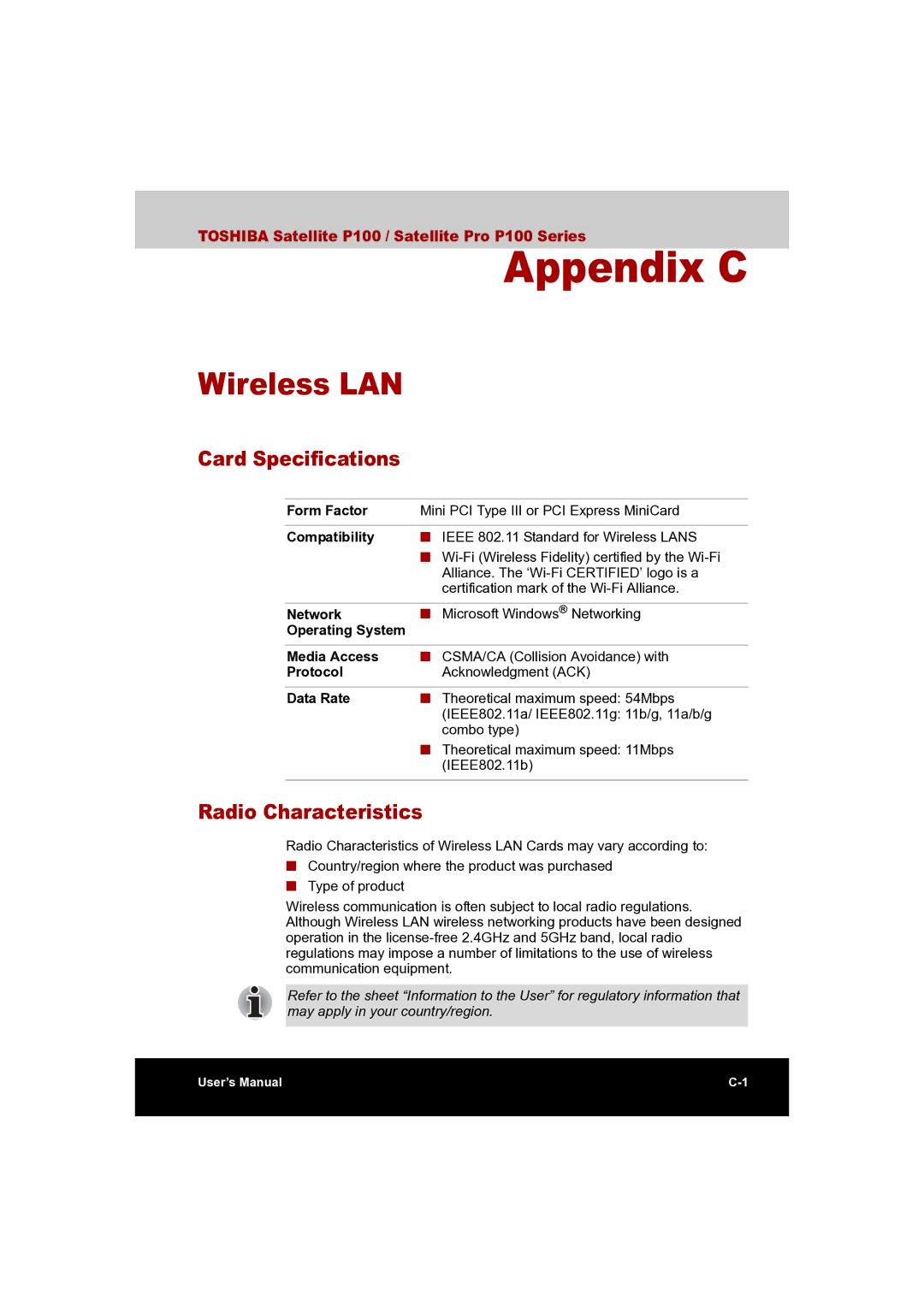 Toshiba P100 user manual Wireless LAN, Card Specifications, Radio Characteristics 