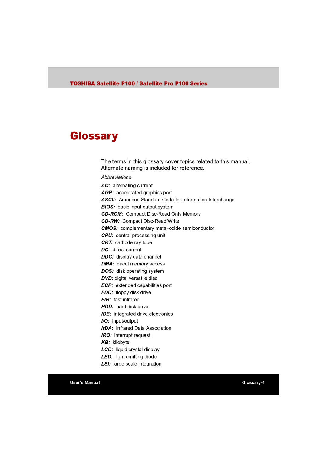 Toshiba P100 user manual Glossary, Abbreviations 