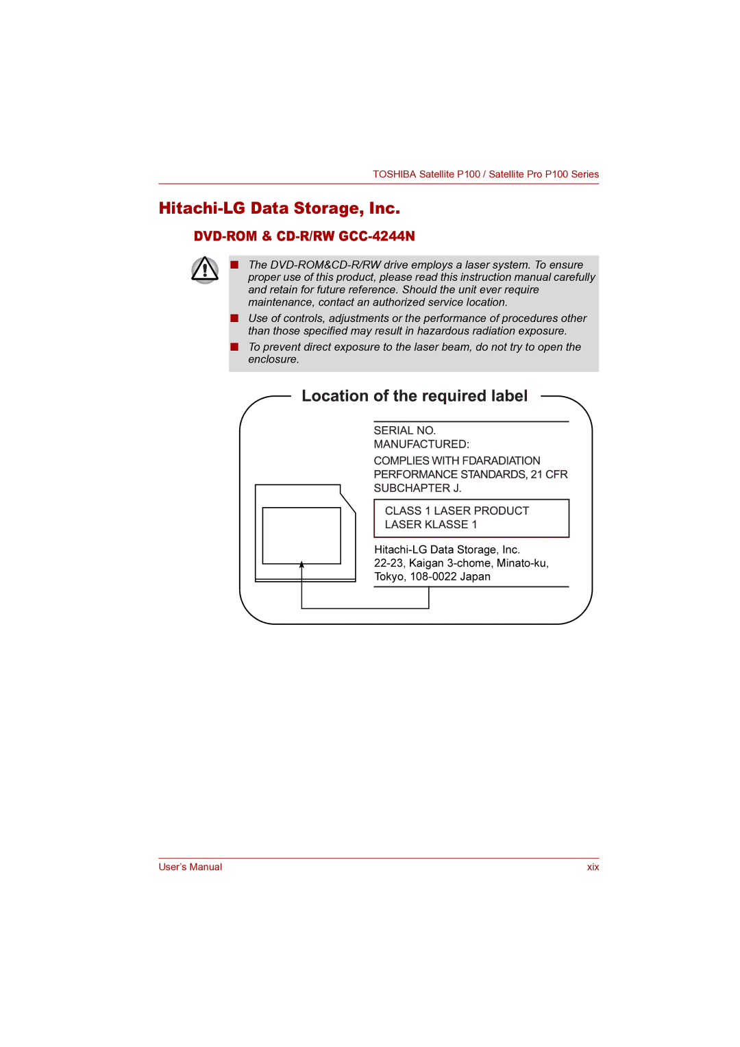 Toshiba P100 user manual DVD-ROM & CD-R/RW GCC-4244N 