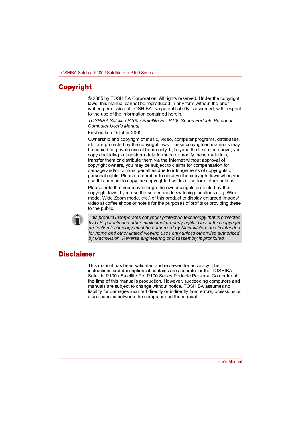 Toshiba P100 user manual Copyright, Disclaimer 