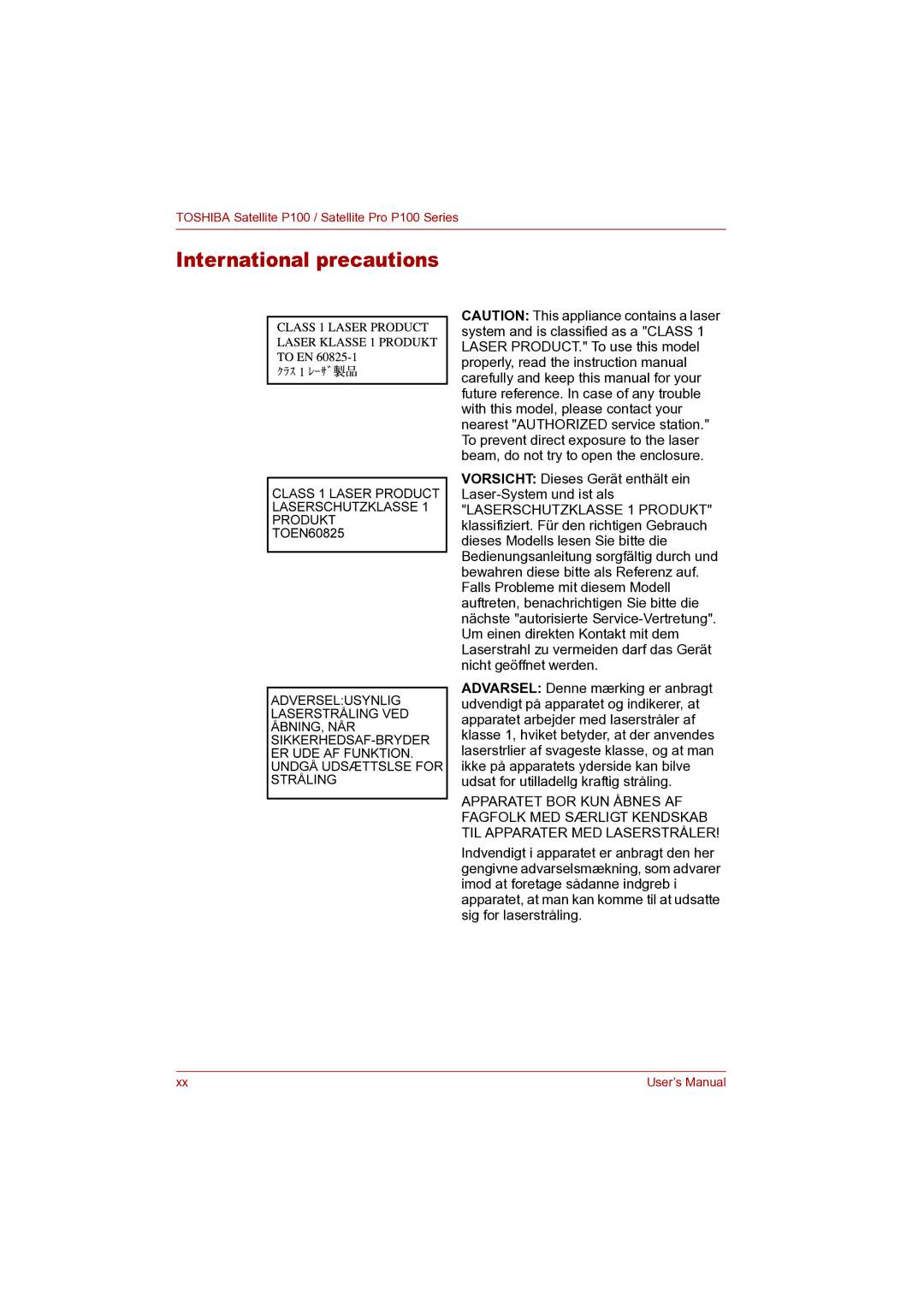 Toshiba P100 user manual International precautions 