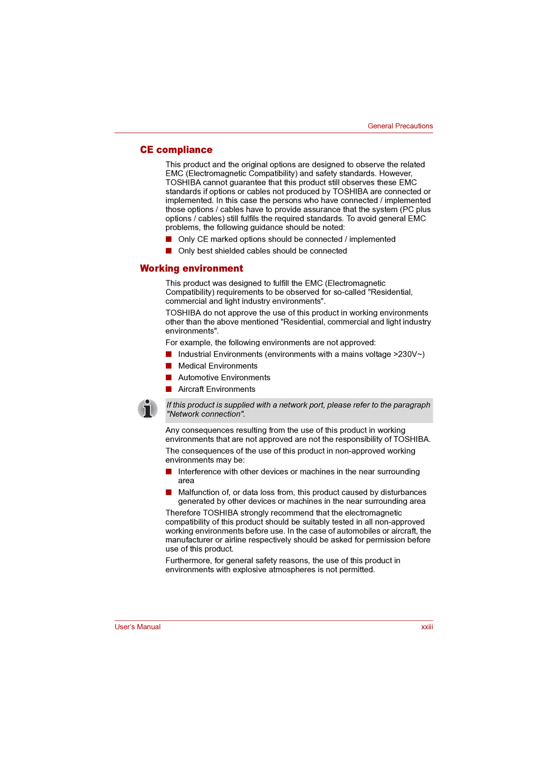 Toshiba P100 user manual CE compliance, Working environment 