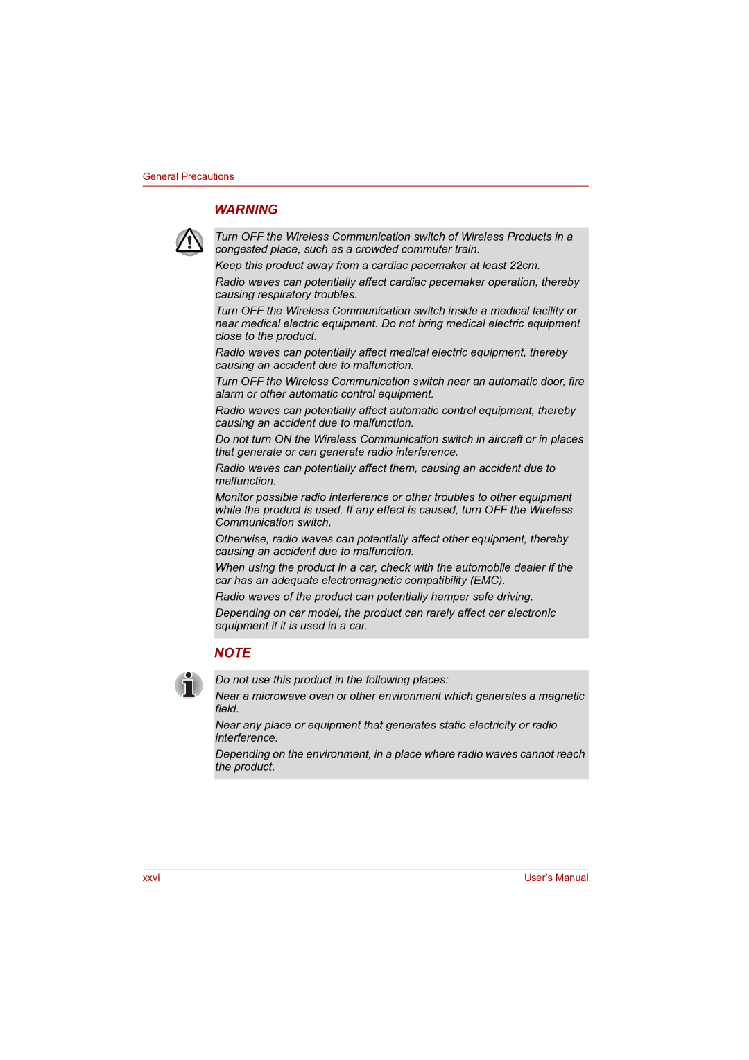 Toshiba P100 user manual Xxvi User’s Manual 