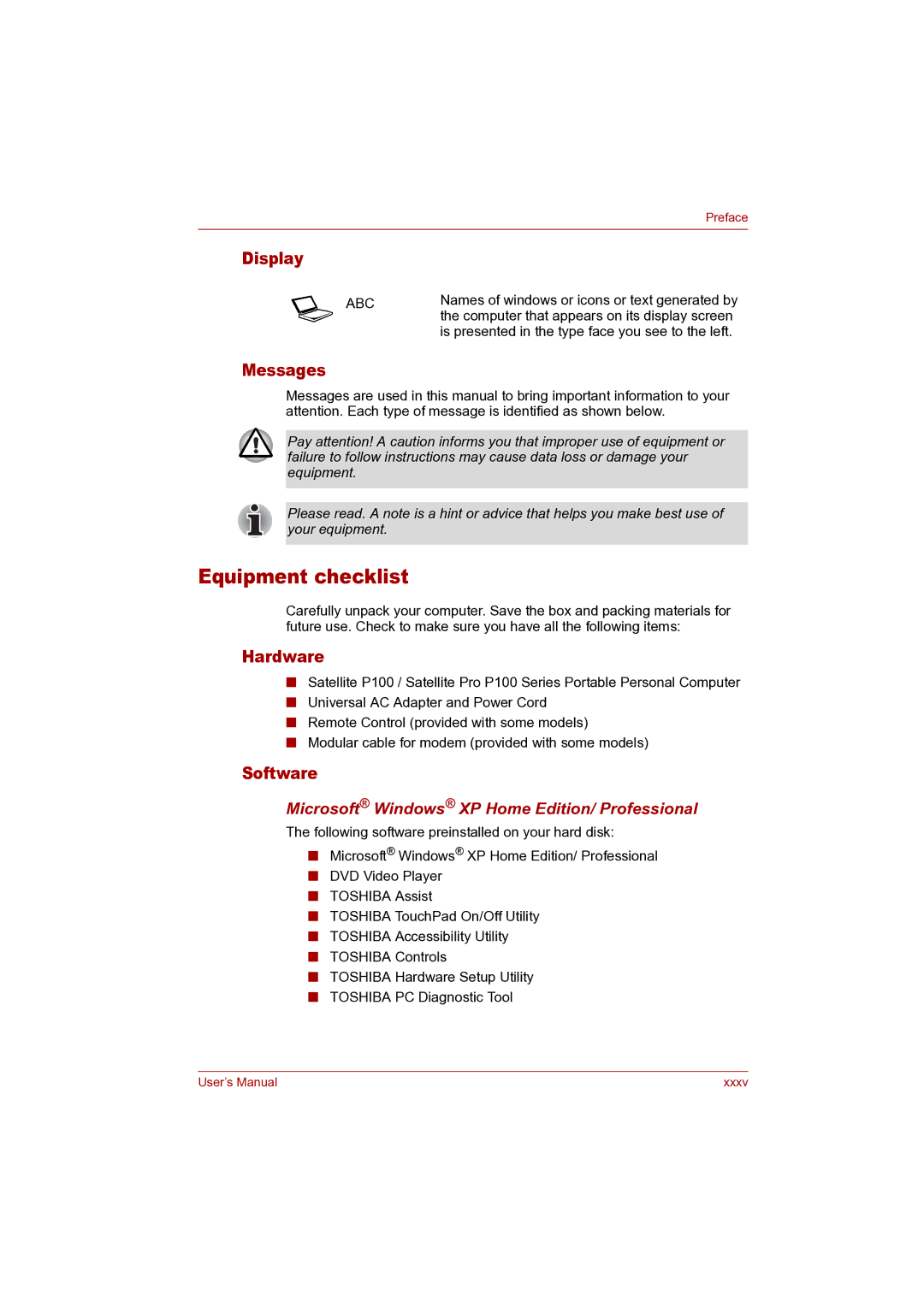 Toshiba P100 user manual Equipment checklist, Display, Messages, Hardware, Software 