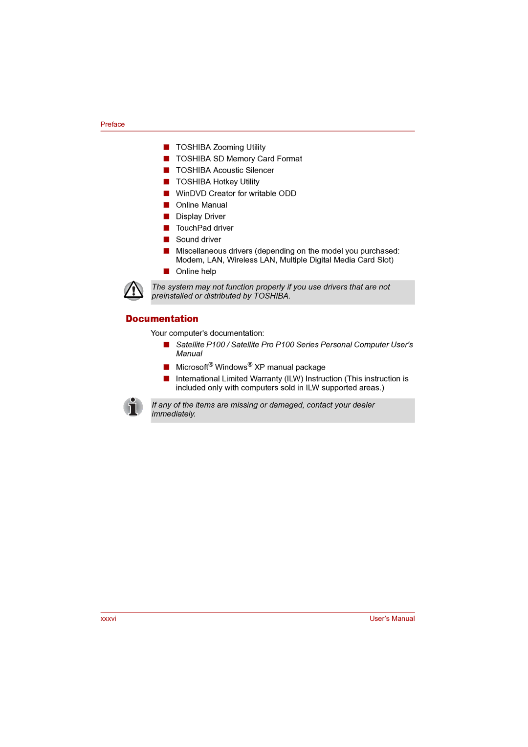 Toshiba P100 user manual Documentation 