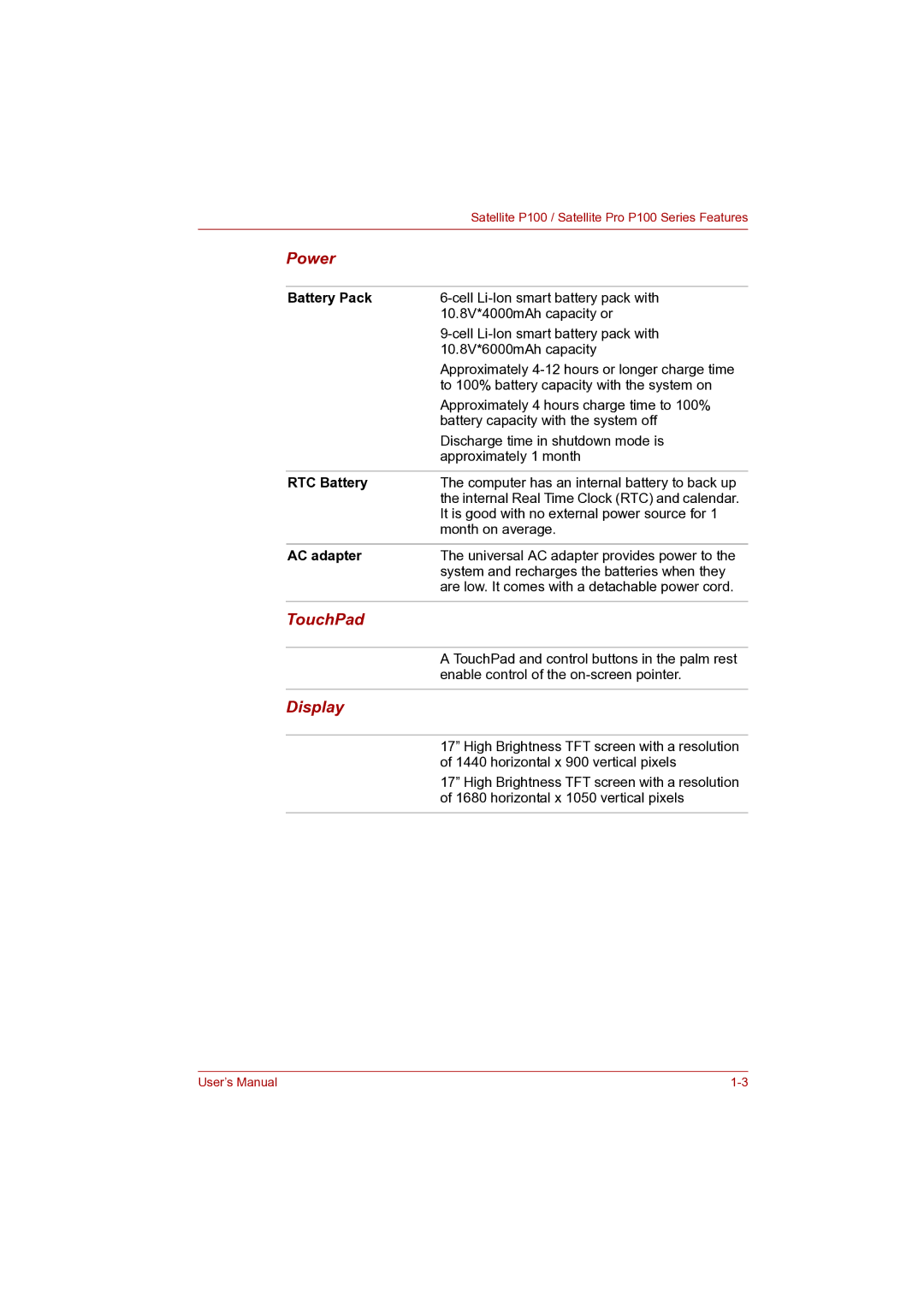 Toshiba P100 user manual Power, TouchPad, Display 