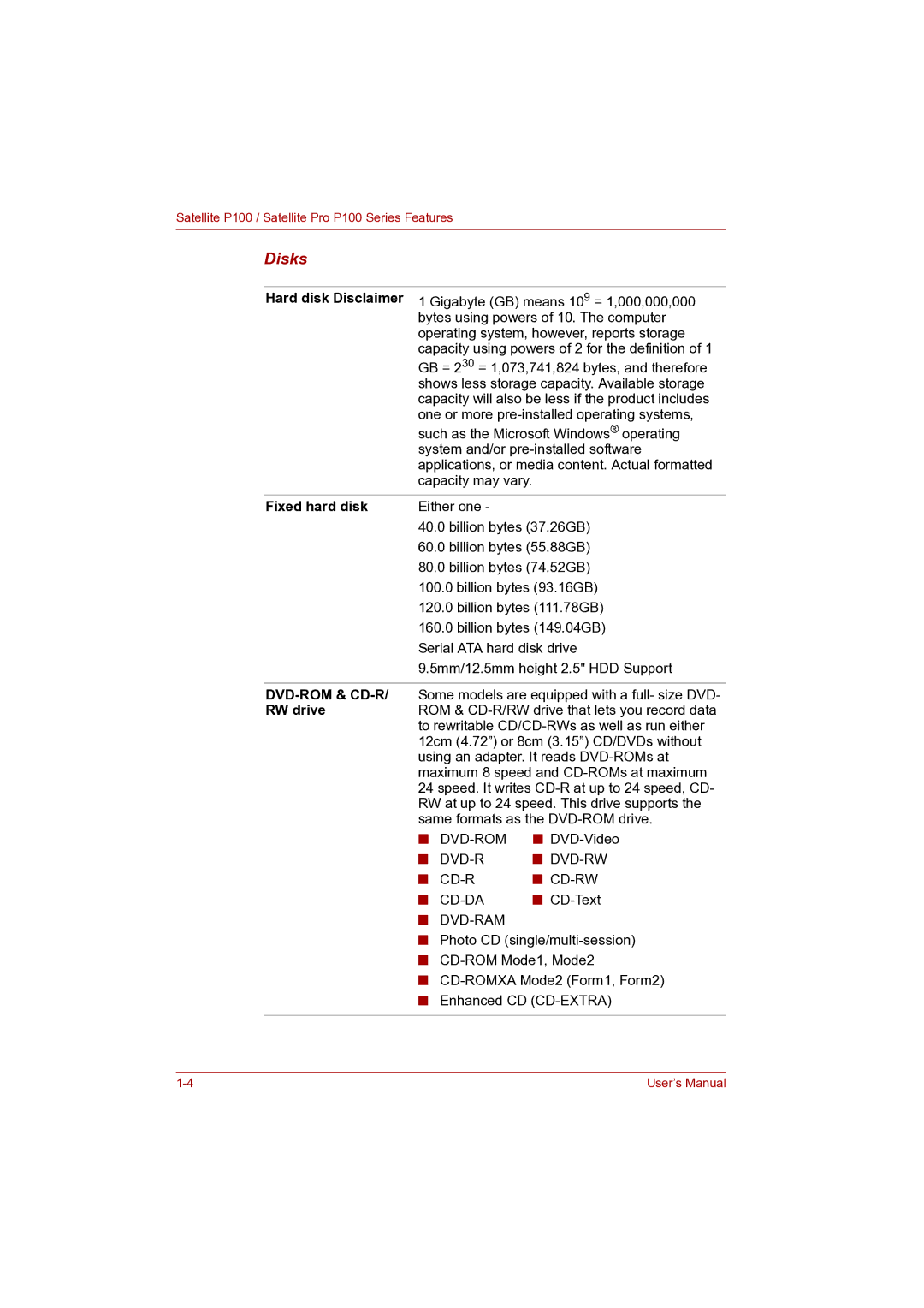 Toshiba P100 user manual Disks, Hard disk Disclaimer, Fixed hard disk, Dvd-Ram 