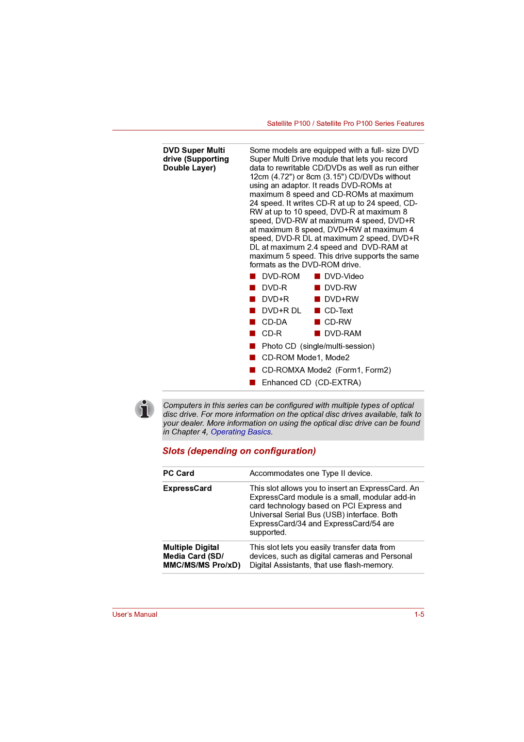 Toshiba P100 user manual Slots depending on configuration 