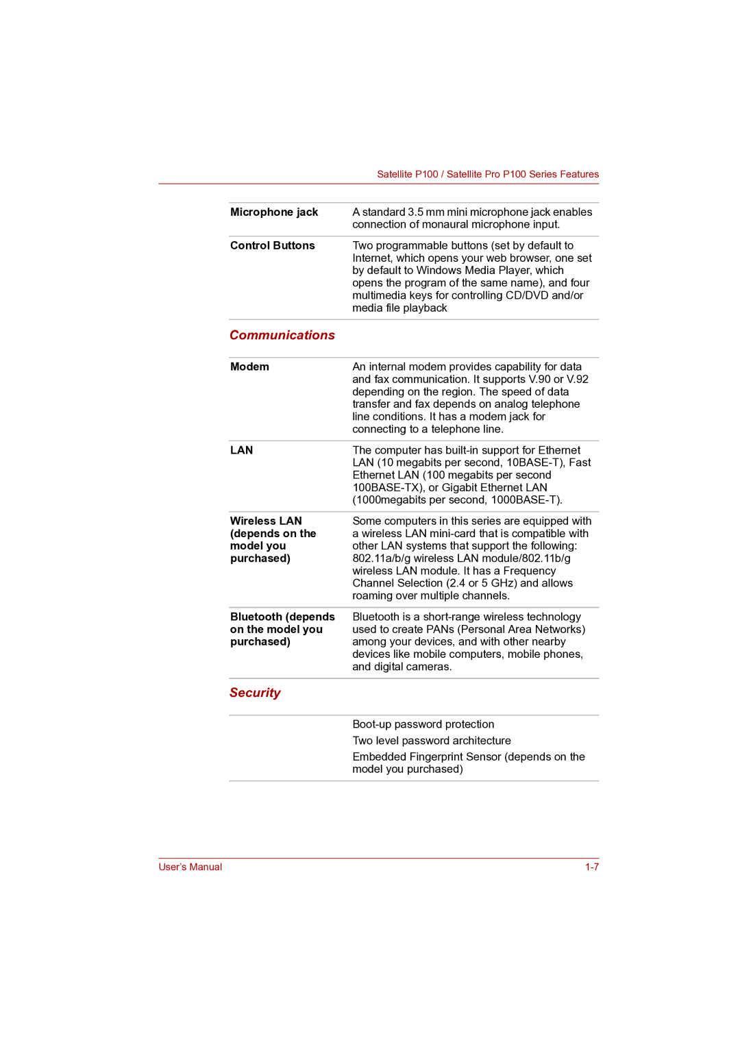 Toshiba P100 user manual Communications, Security 