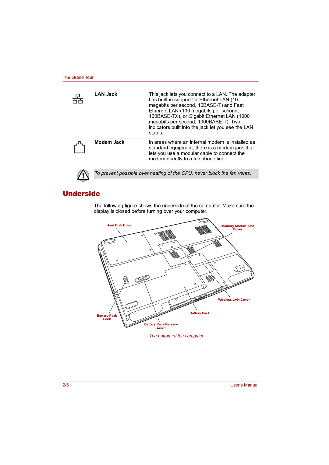 Toshiba P100 user manual Underside, LAN Jack, Modem Jack 