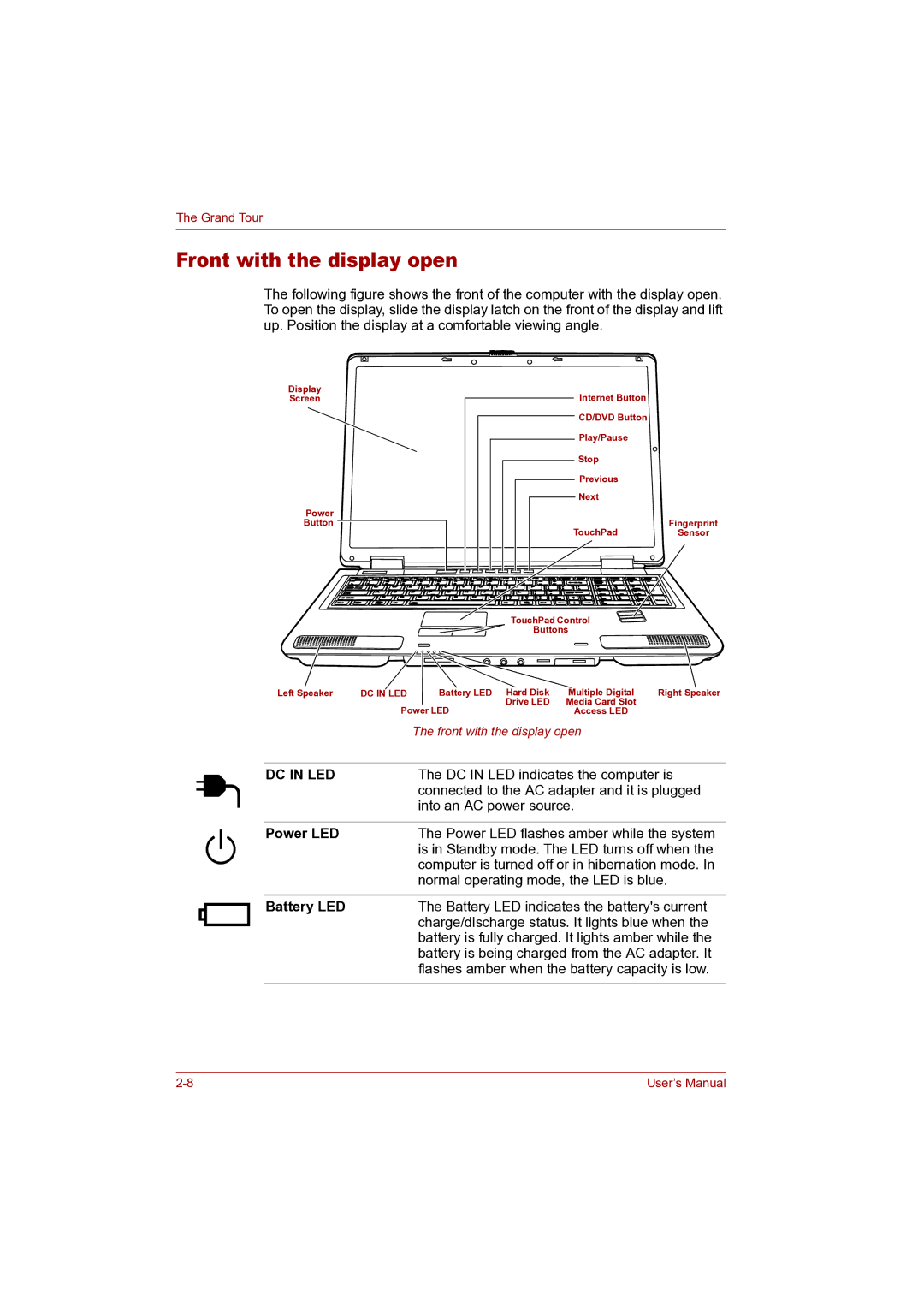 Toshiba P100 user manual Front with the display open, DC in LED 