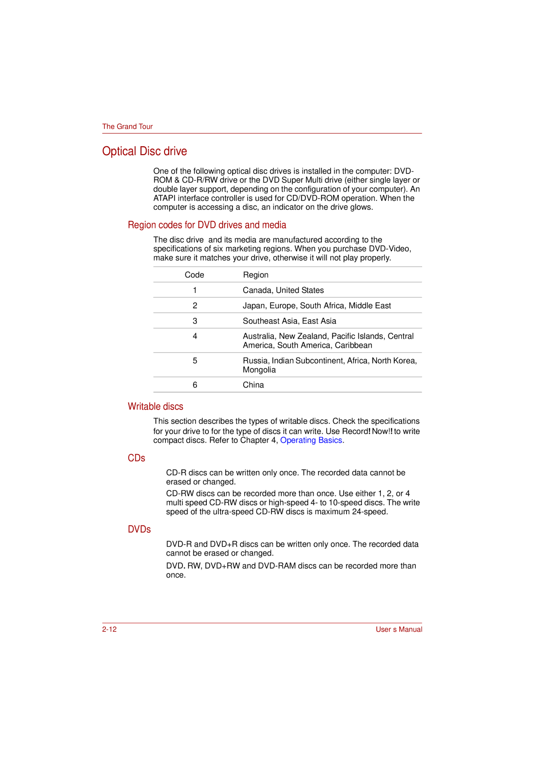 Toshiba P100 user manual Optical Disc drive, Region codes for DVD drives and media, Writable discs, CDs, DVDs 