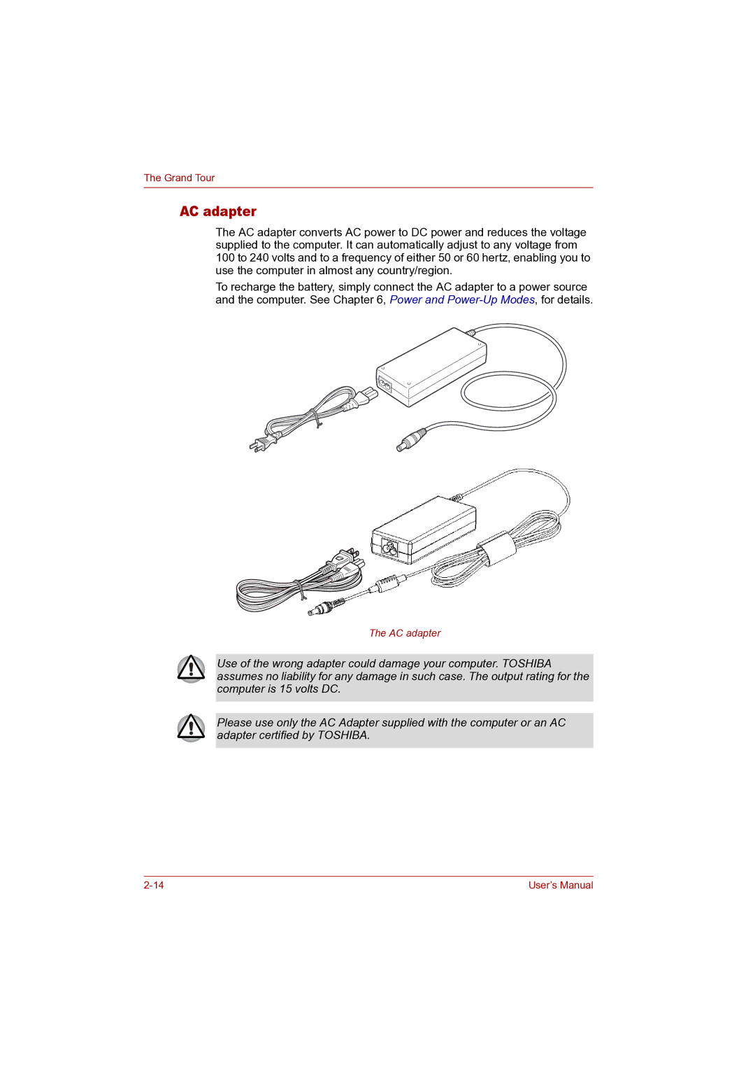 Toshiba P100 user manual AC adapter 