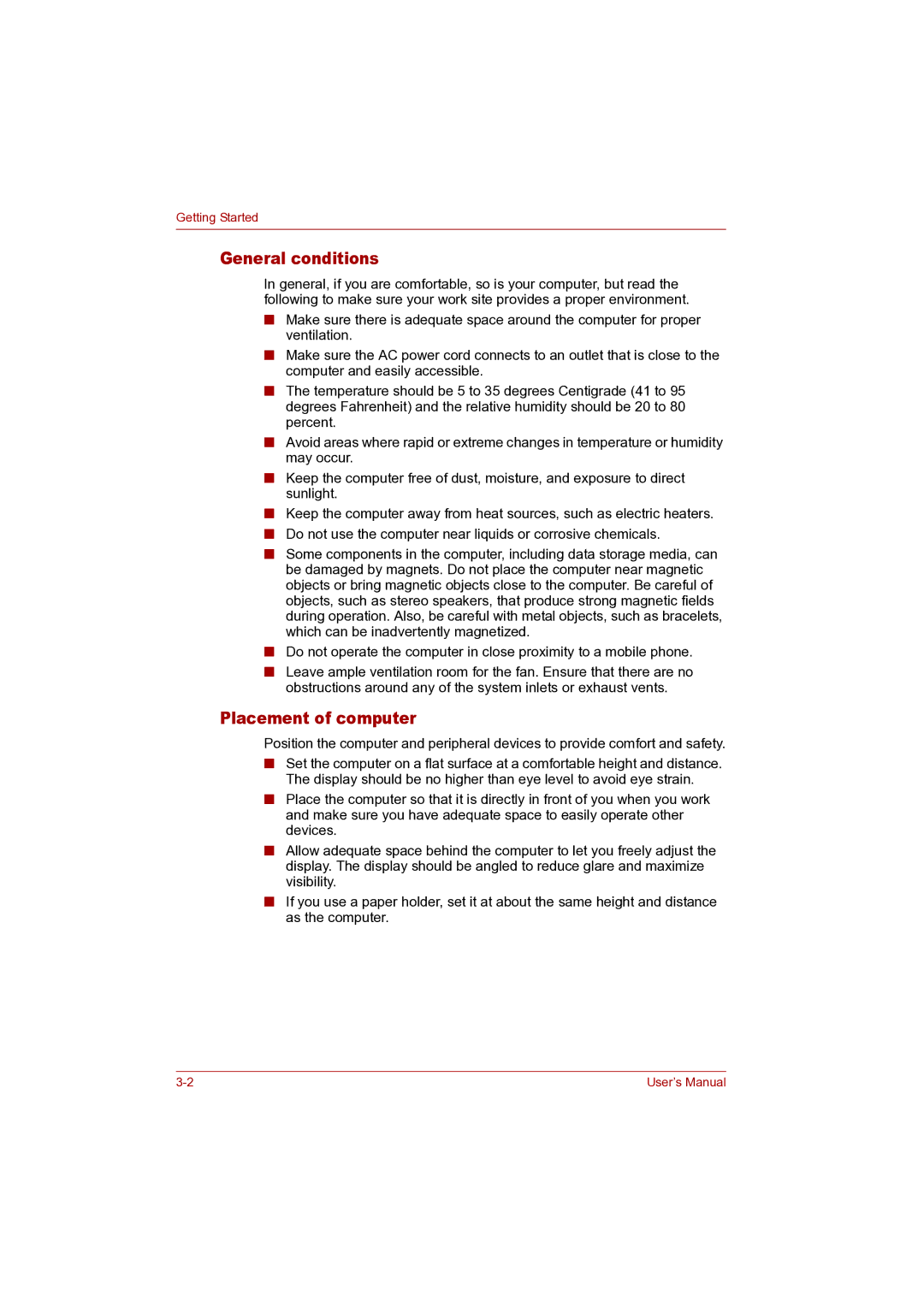 Toshiba P100 user manual General conditions, Placement of computer 