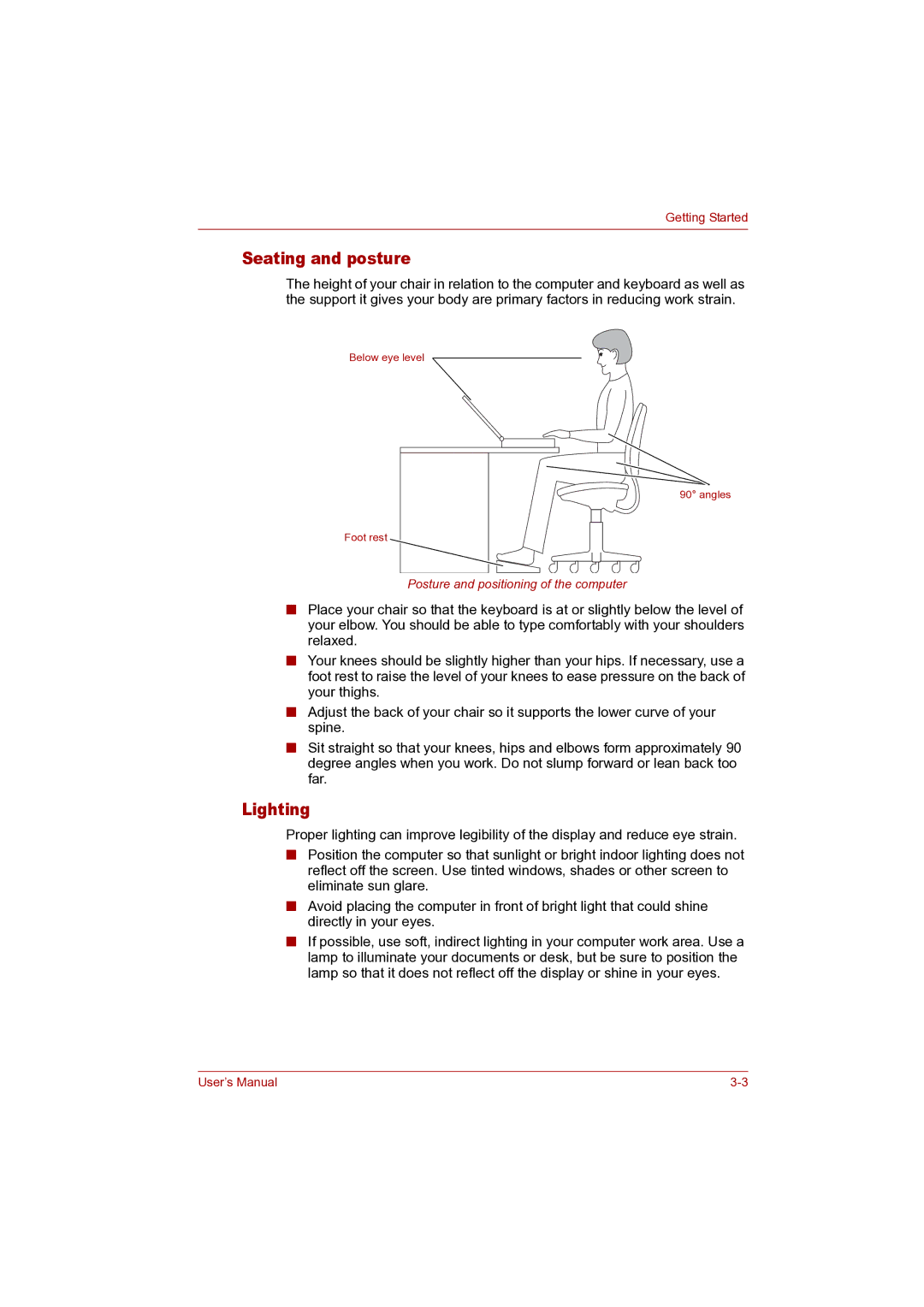 Toshiba P100 user manual Seating and posture, Lighting 