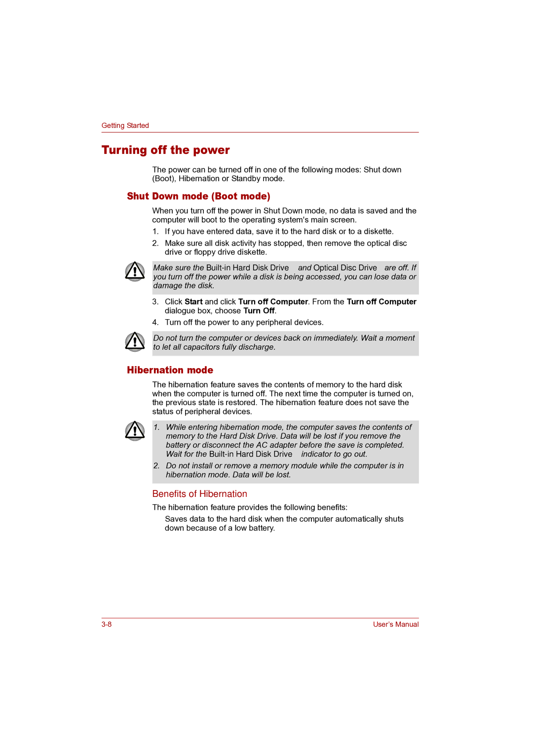 Toshiba P100 user manual Turning off the power, Shut Down mode Boot mode, Hibernation mode, Benefits of Hibernation 