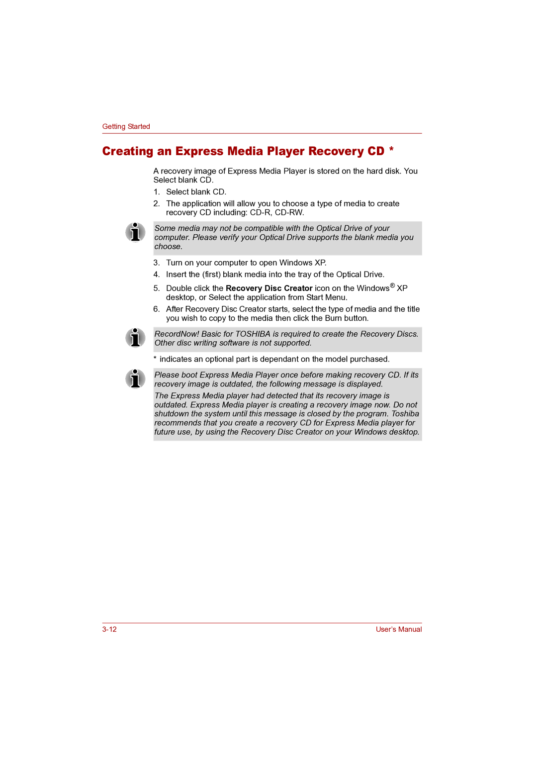 Toshiba P100 user manual Creating an Express Media Player Recovery CD 