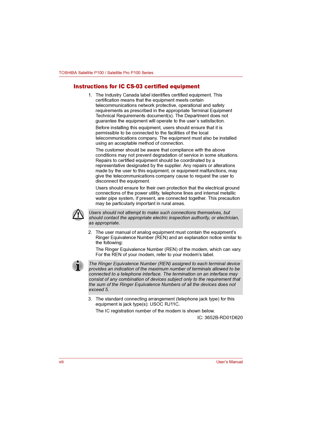 Toshiba P100 user manual Instructions for IC CS-03 certified equipment 