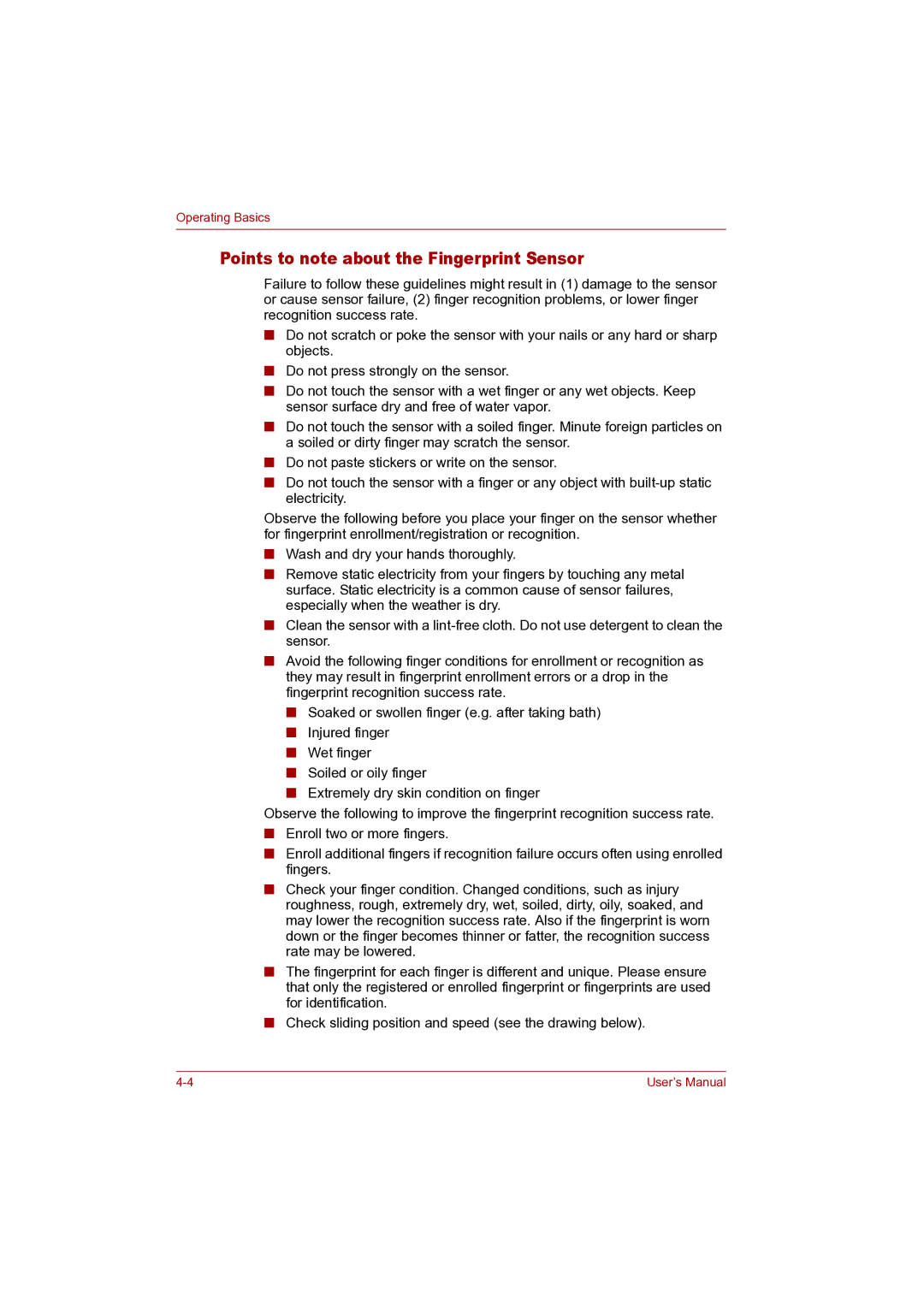 Toshiba P100 user manual Points to note about the Fingerprint Sensor 