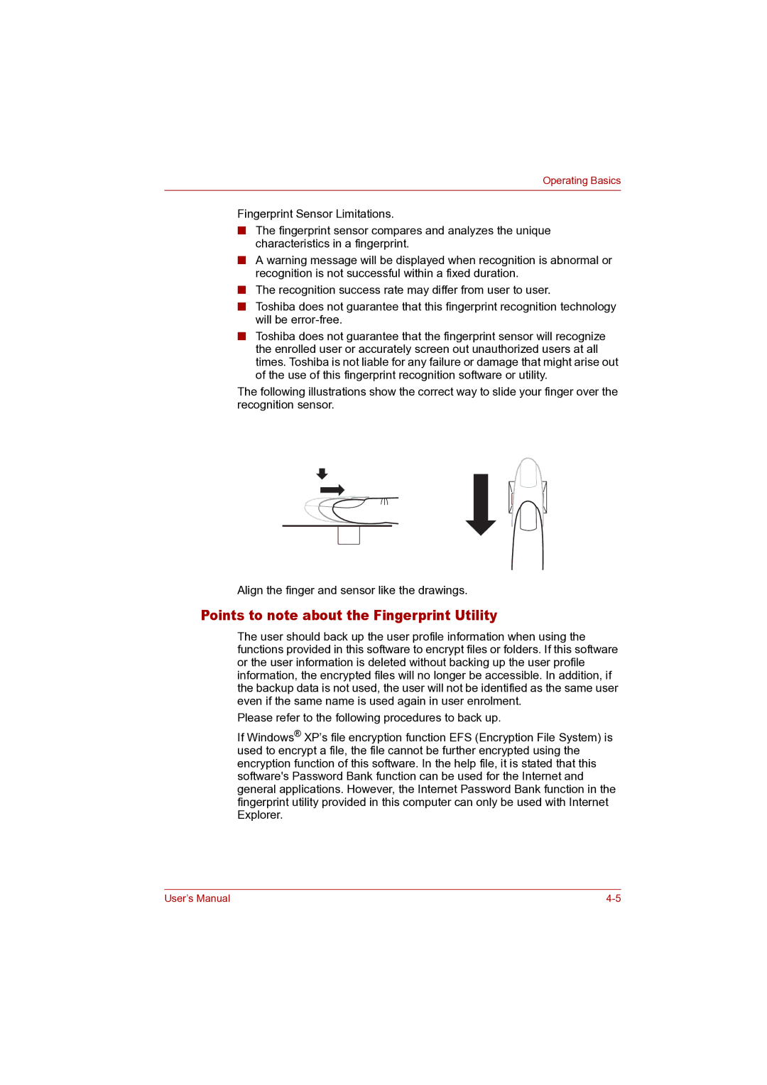 Toshiba P100 user manual Points to note about the Fingerprint Utility 