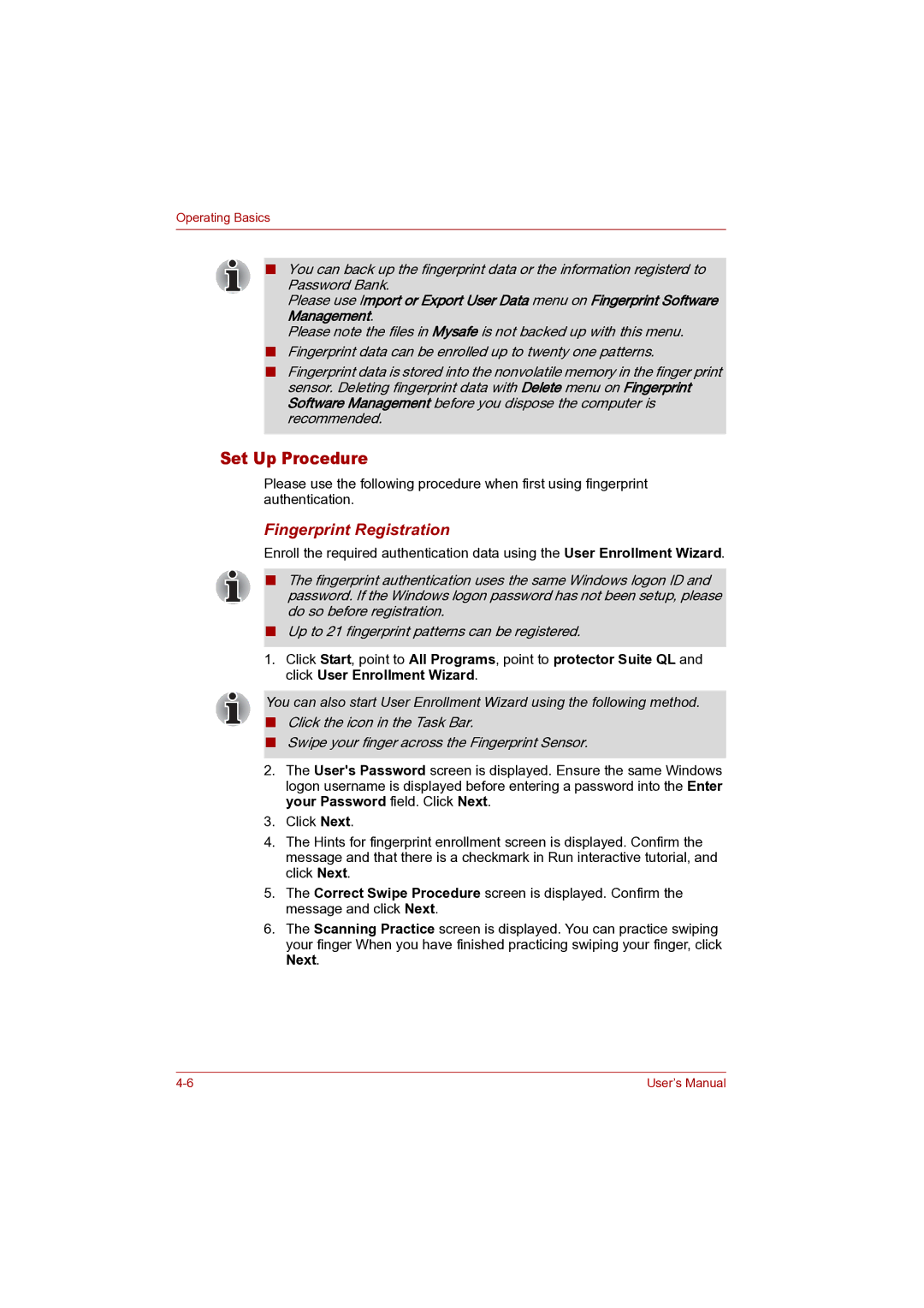 Toshiba P100 user manual Set Up Procedure, Fingerprint Registration 