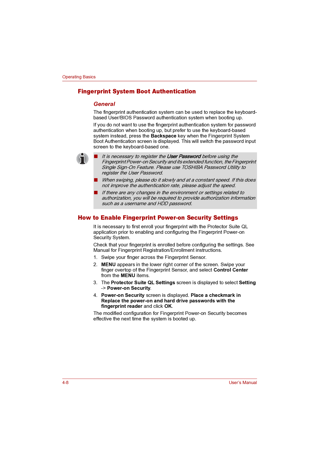 Toshiba P100 Fingerprint System Boot Authentication, How to Enable Fingerprint Power-on Security Settings, General 