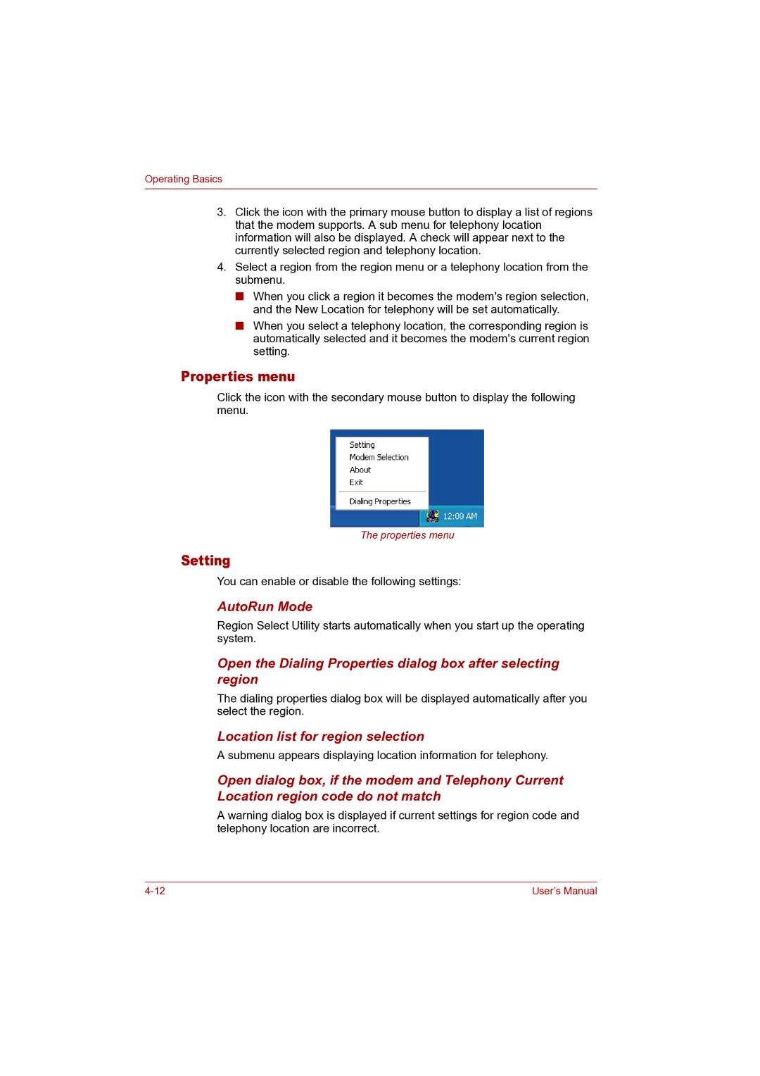 Toshiba P100 user manual Properties menu, Setting, AutoRun Mode, Location list for region selection 