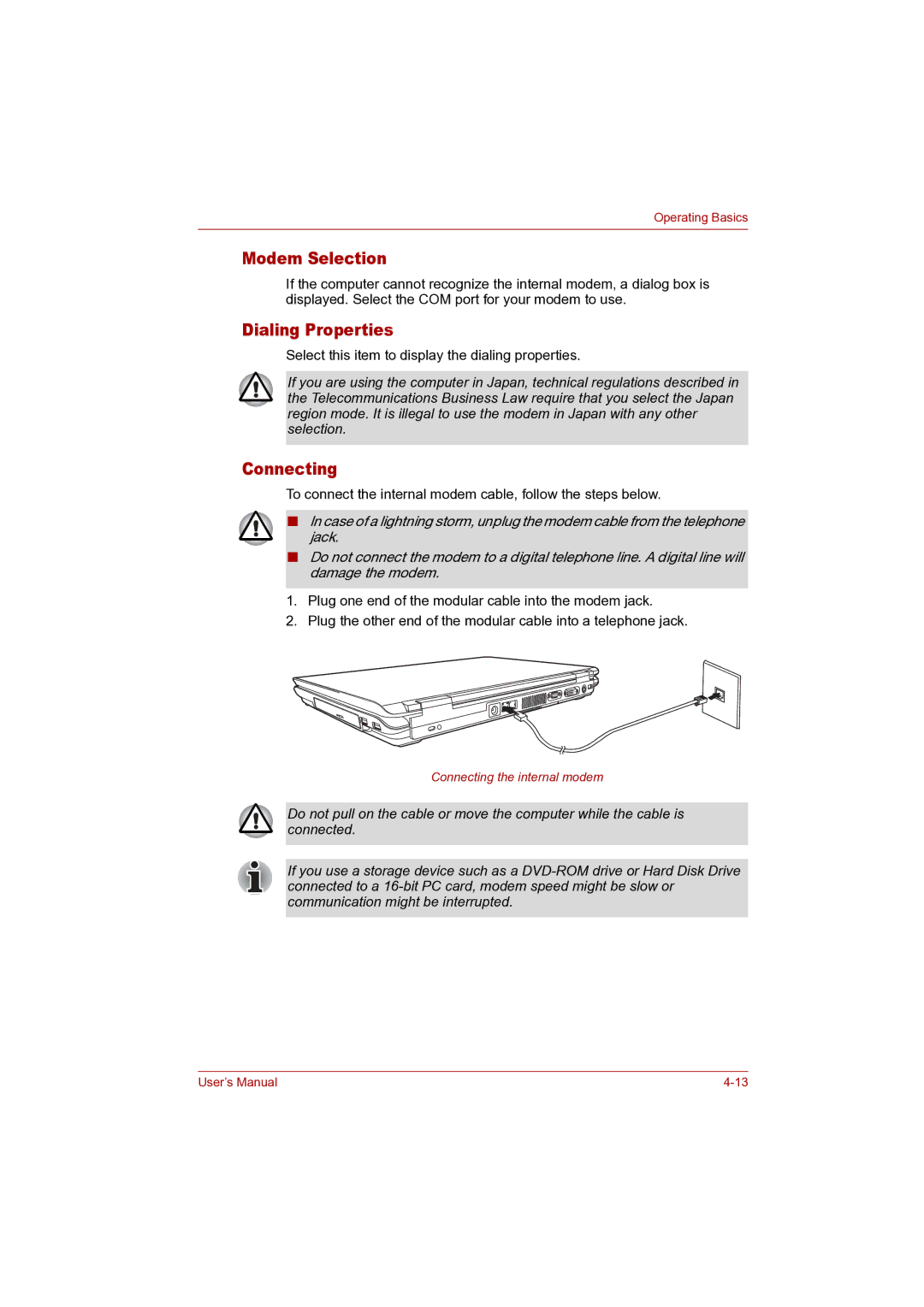 Toshiba P100 user manual Modem Selection, Dialing Properties, Connecting 