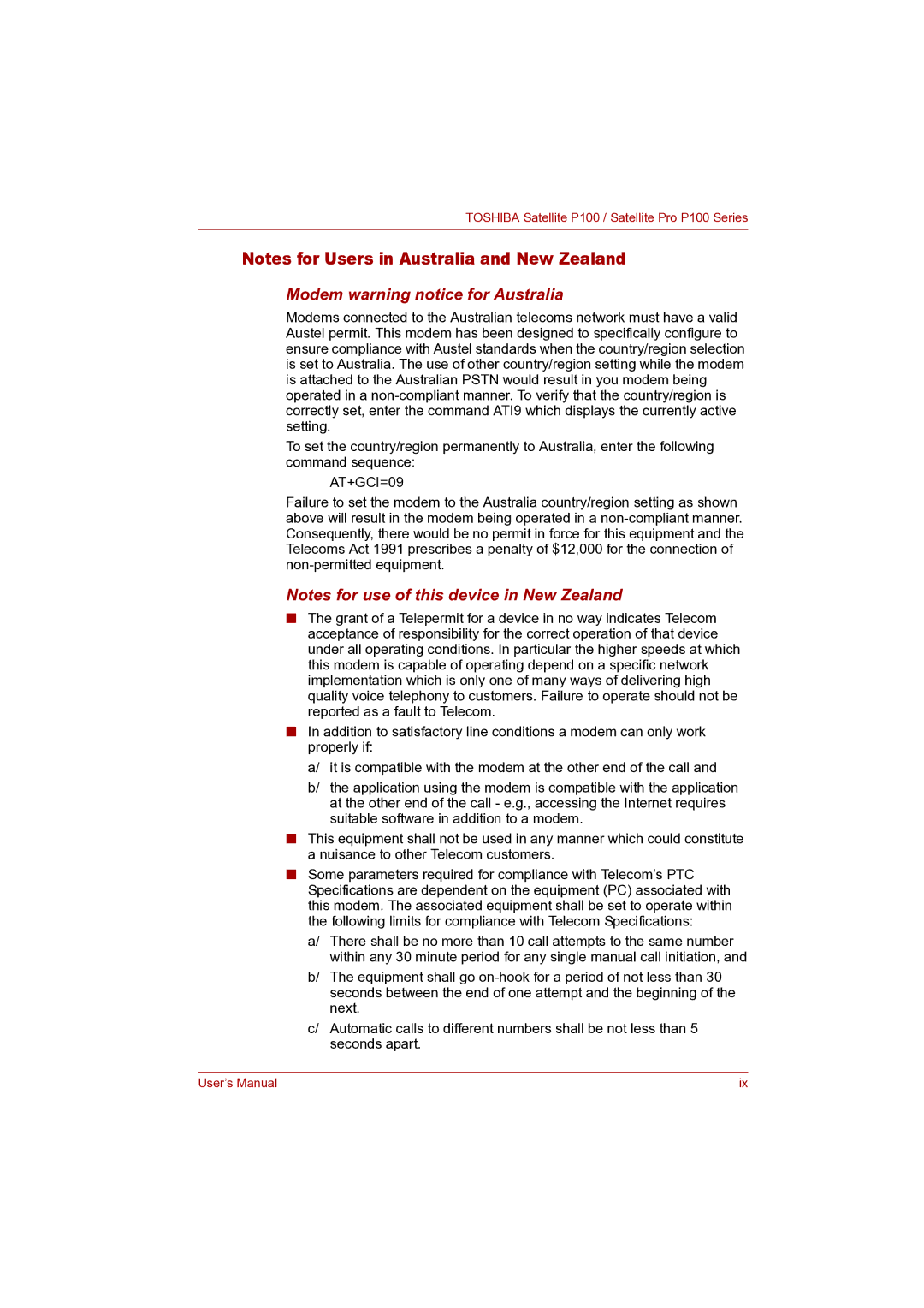 Toshiba P100 user manual Modem warning notice for Australia, AT+GCI=09 