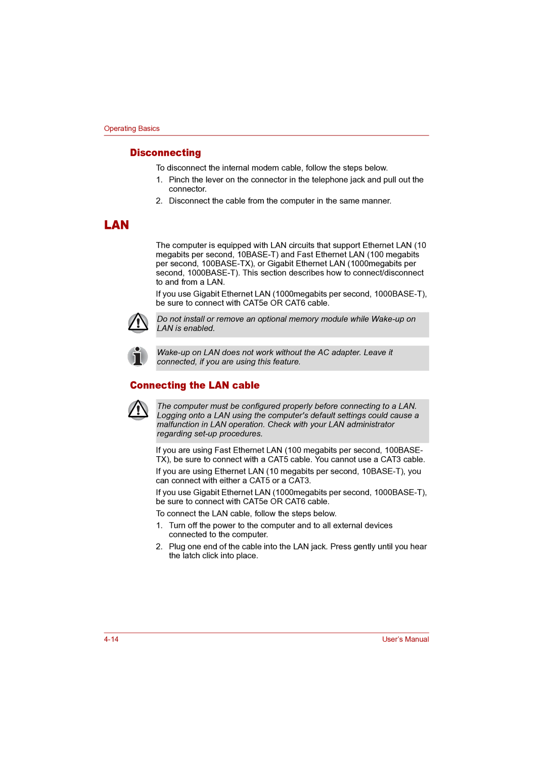 Toshiba P100 user manual Disconnecting, Connecting the LAN cable 