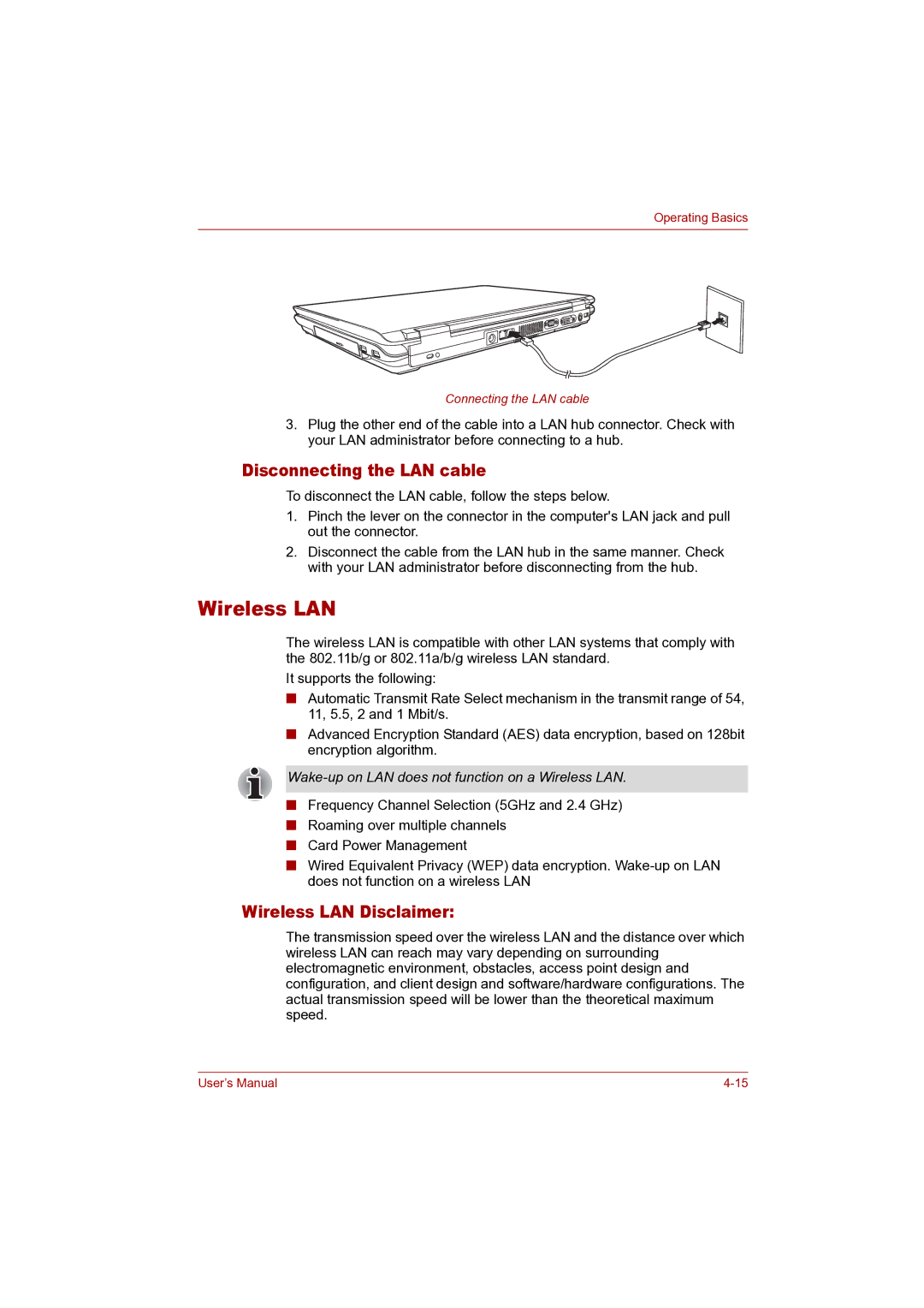 Toshiba P100 user manual Disconnecting the LAN cable, Wireless LAN Disclaimer 