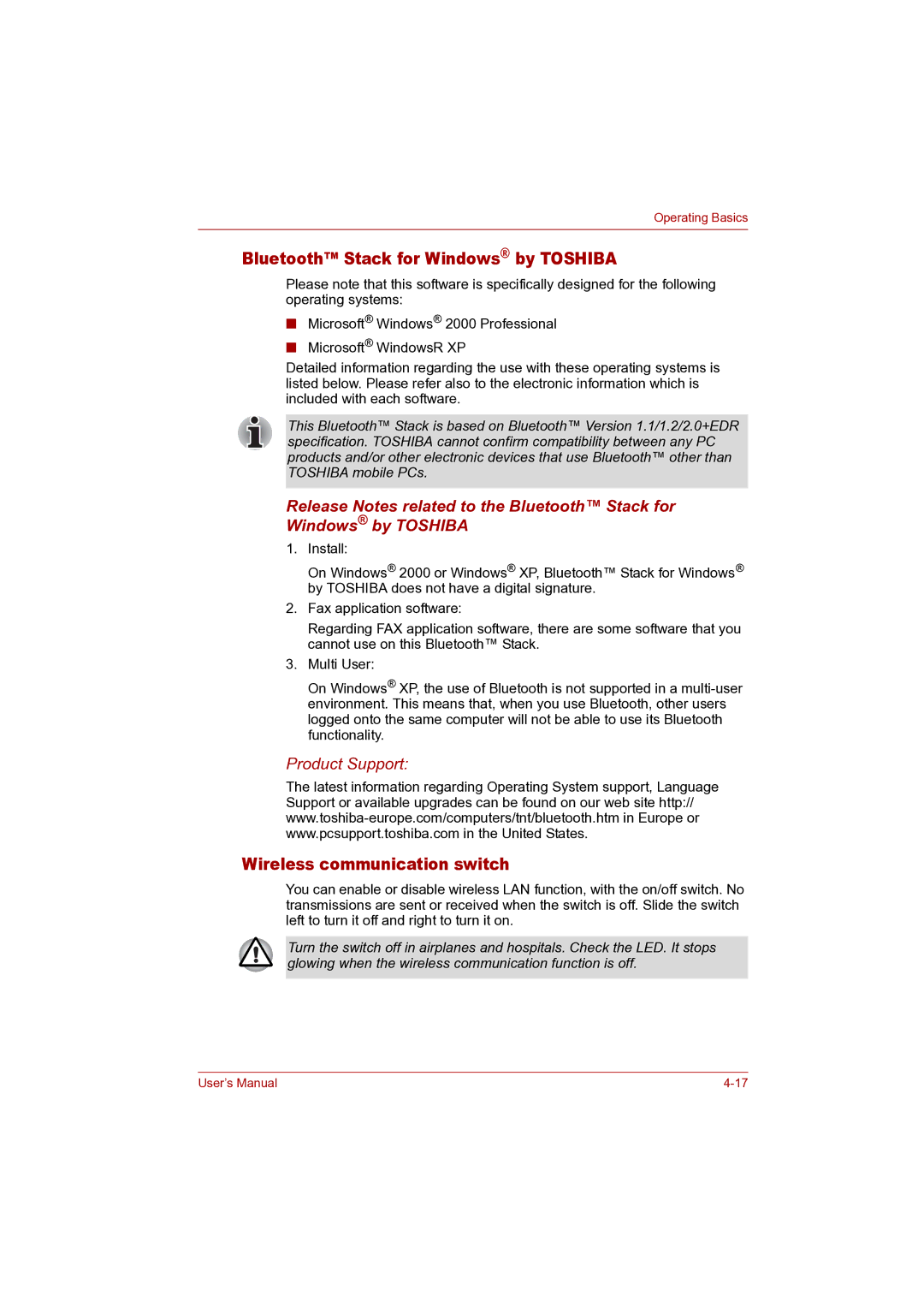 Toshiba P100 user manual Bluetooth Stack for Windows by Toshiba, Wireless communication switch 