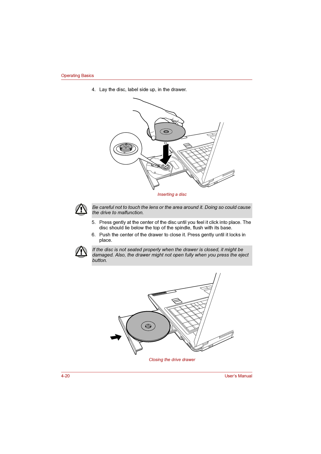 Toshiba P100 user manual Lay the disc, label side up, in the drawer 