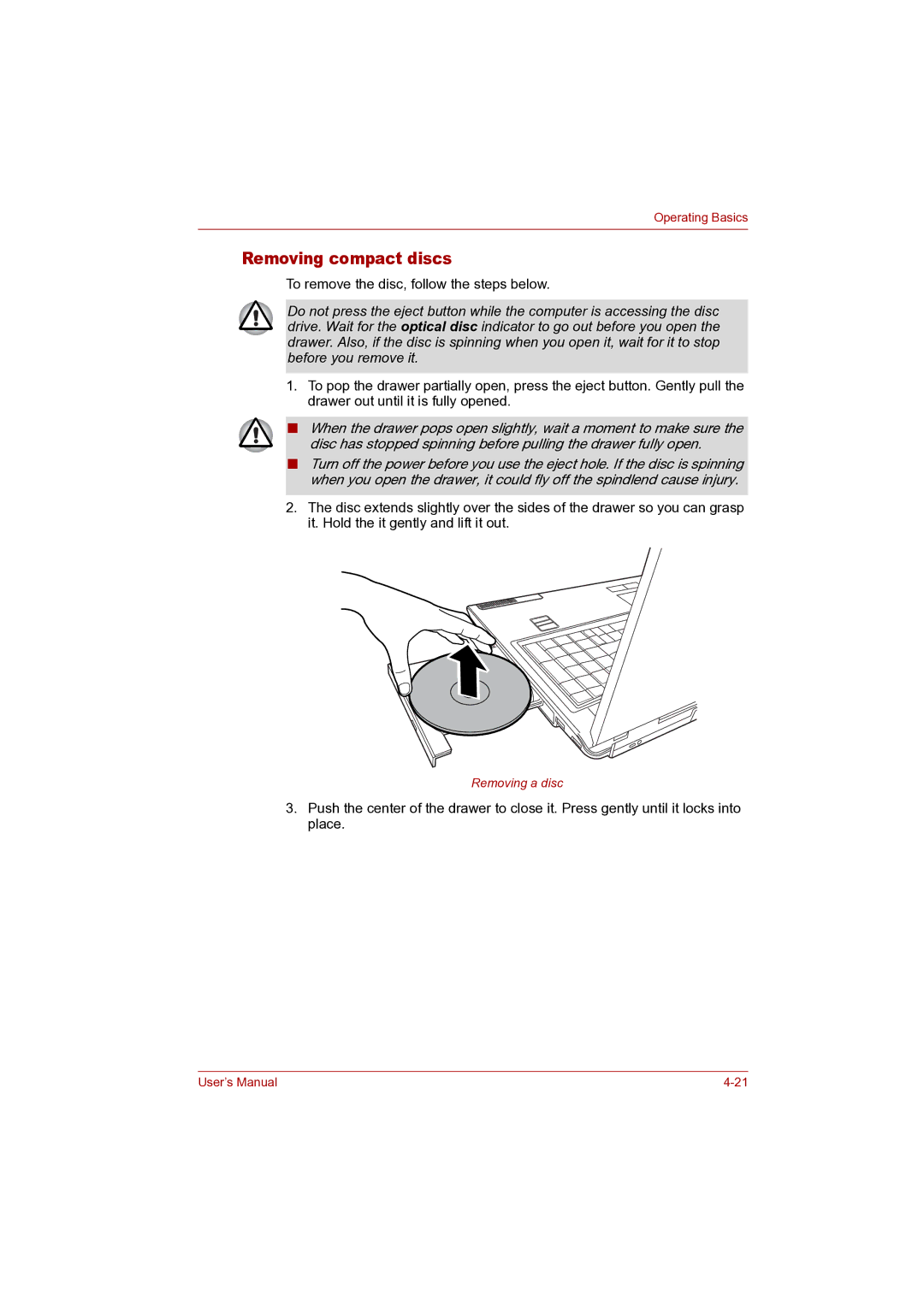 Toshiba P100 user manual Removing compact discs 