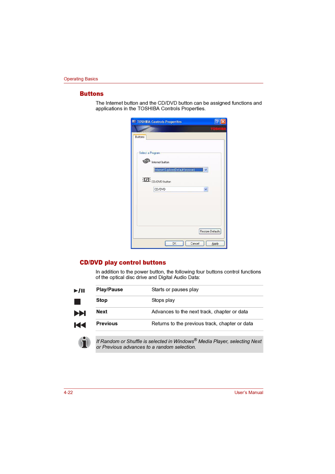 Toshiba P100 user manual Buttons, CD/DVD play control buttons 