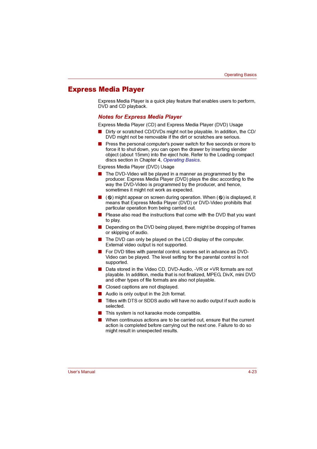 Toshiba P100 user manual Express Media Player 