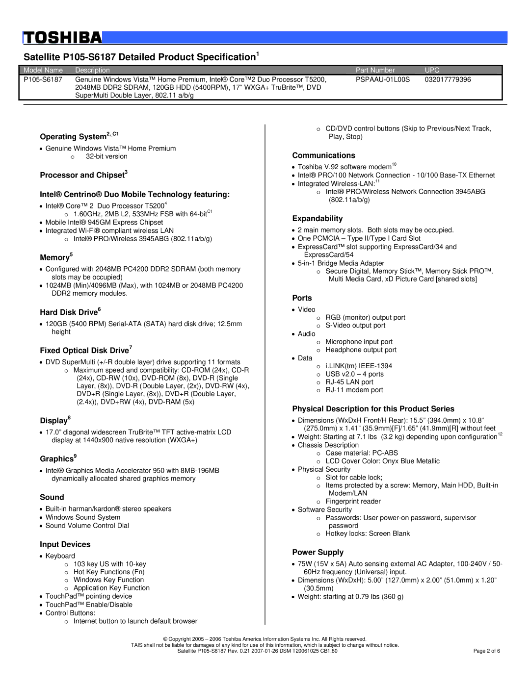 Toshiba dimensions Satellite P105-S6187 Detailed Product Specification1, Upc 