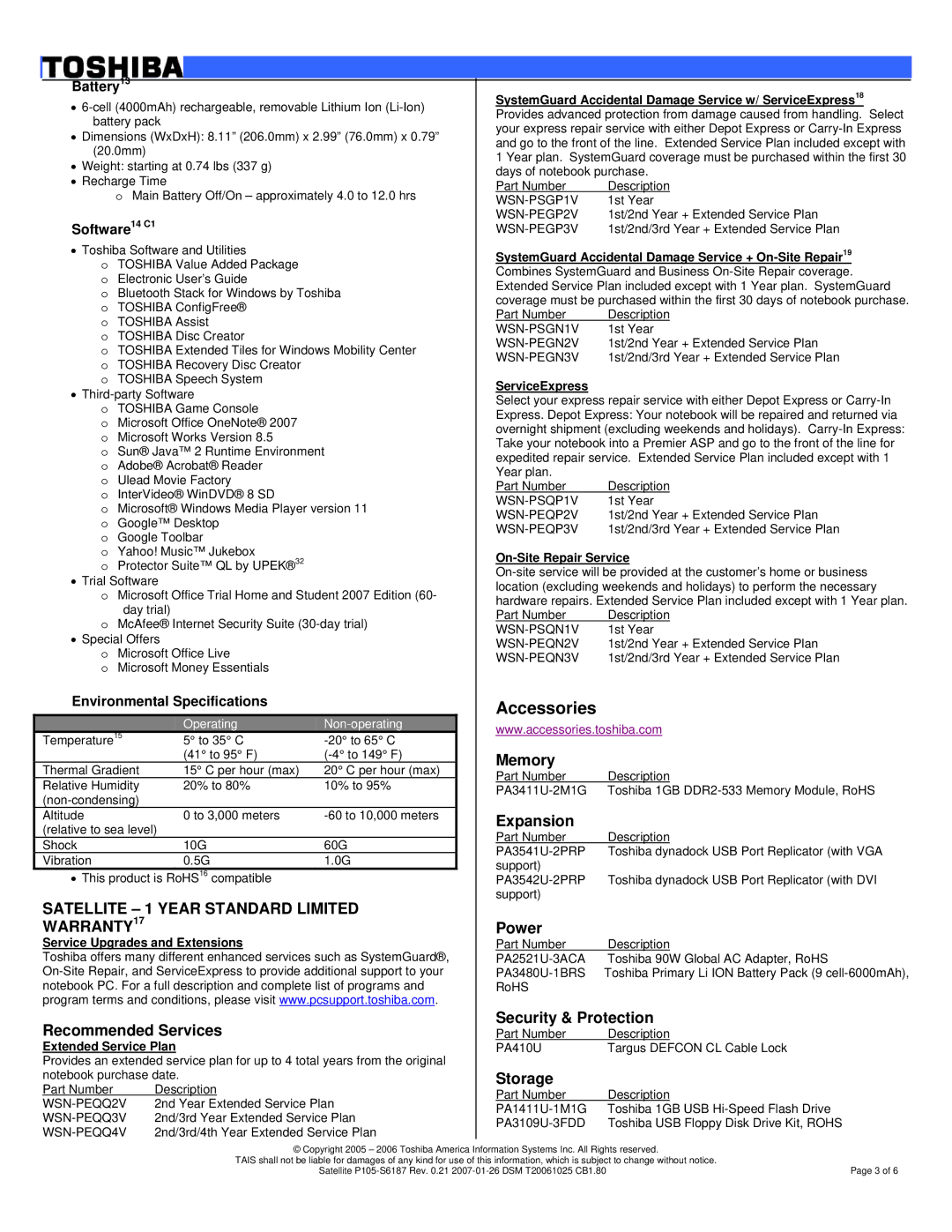 Toshiba P105-S6187 dimensions Accessories, Service Upgrades and Extensions, Extended Service Plan, ServiceExpress 