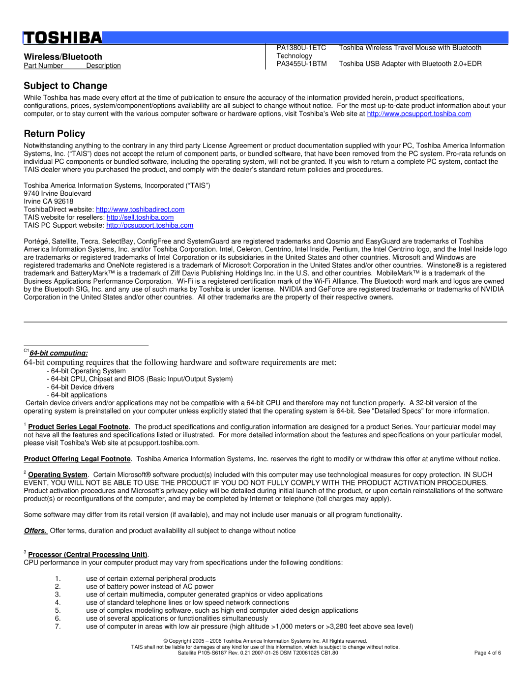 Toshiba P105-S6187 dimensions Subject to Change Return Policy, Processor Central Processing Unit 