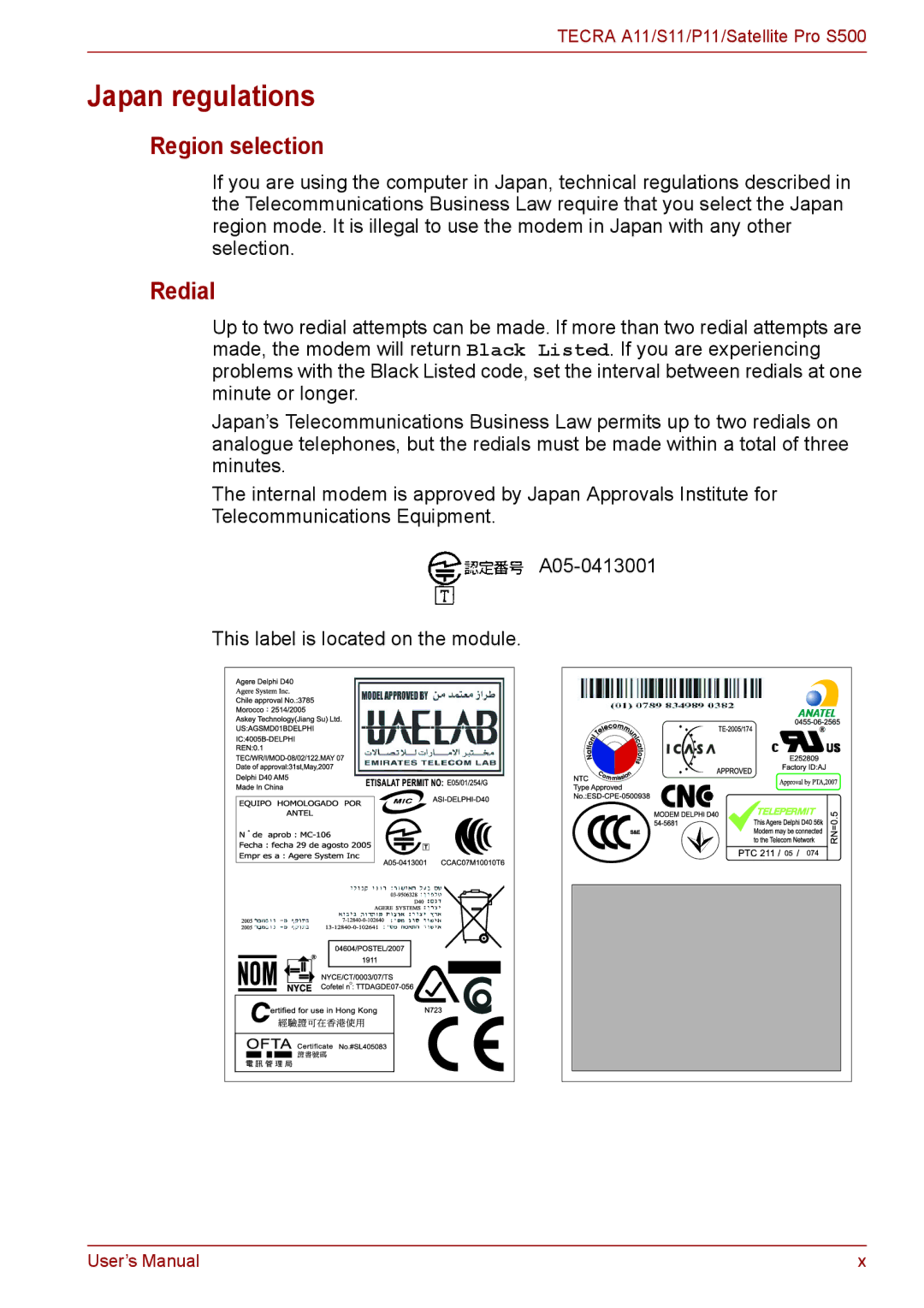 Toshiba S11, P11, A11 user manual Japan regulations, Region selection, Redial 