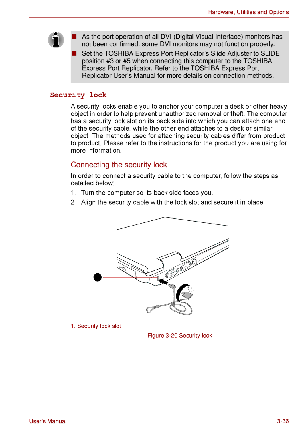 Toshiba S11, P11, A11 user manual Security lock, Connecting the security lock 