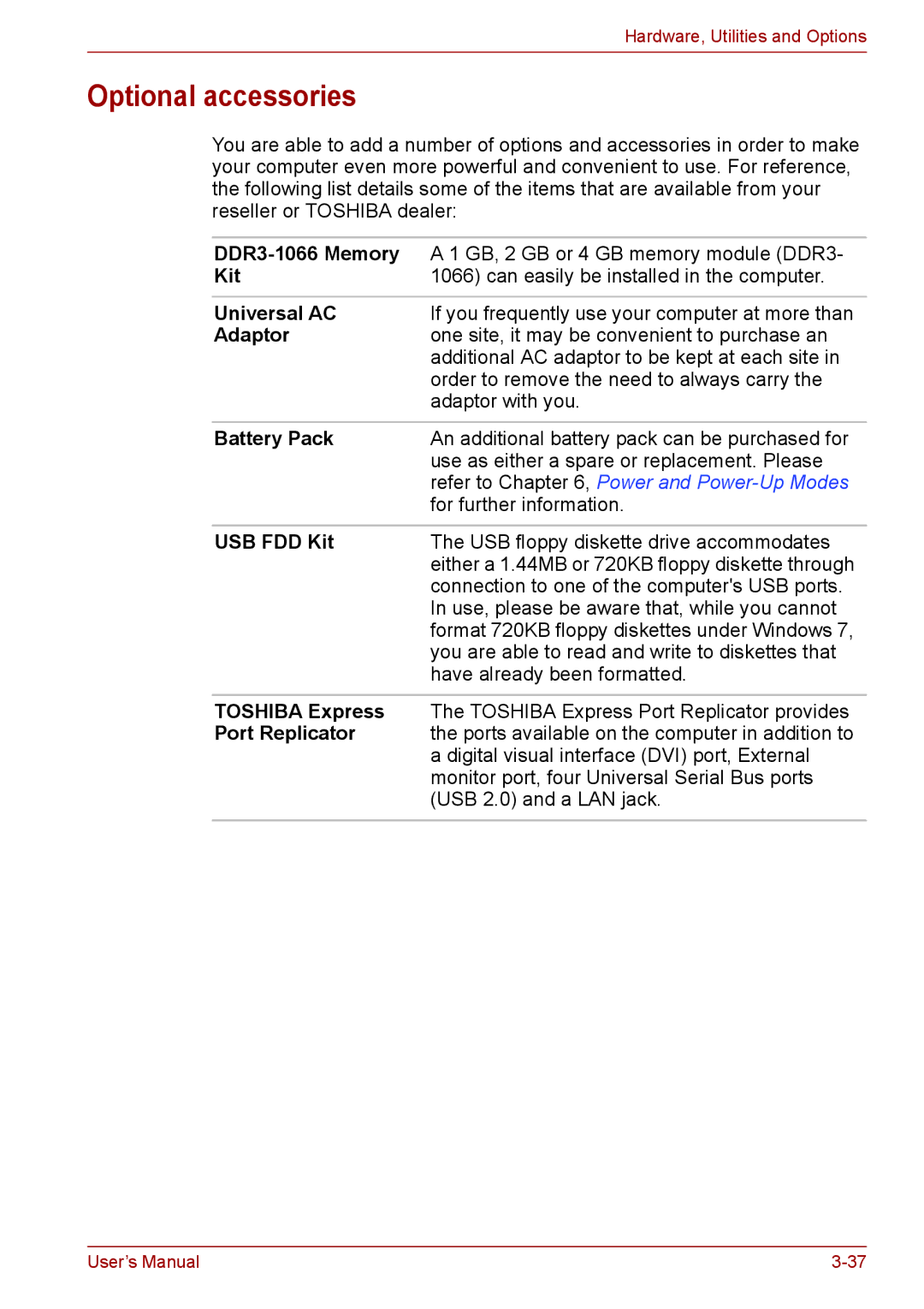 Toshiba A11, P11, S11 user manual Optional accessories 