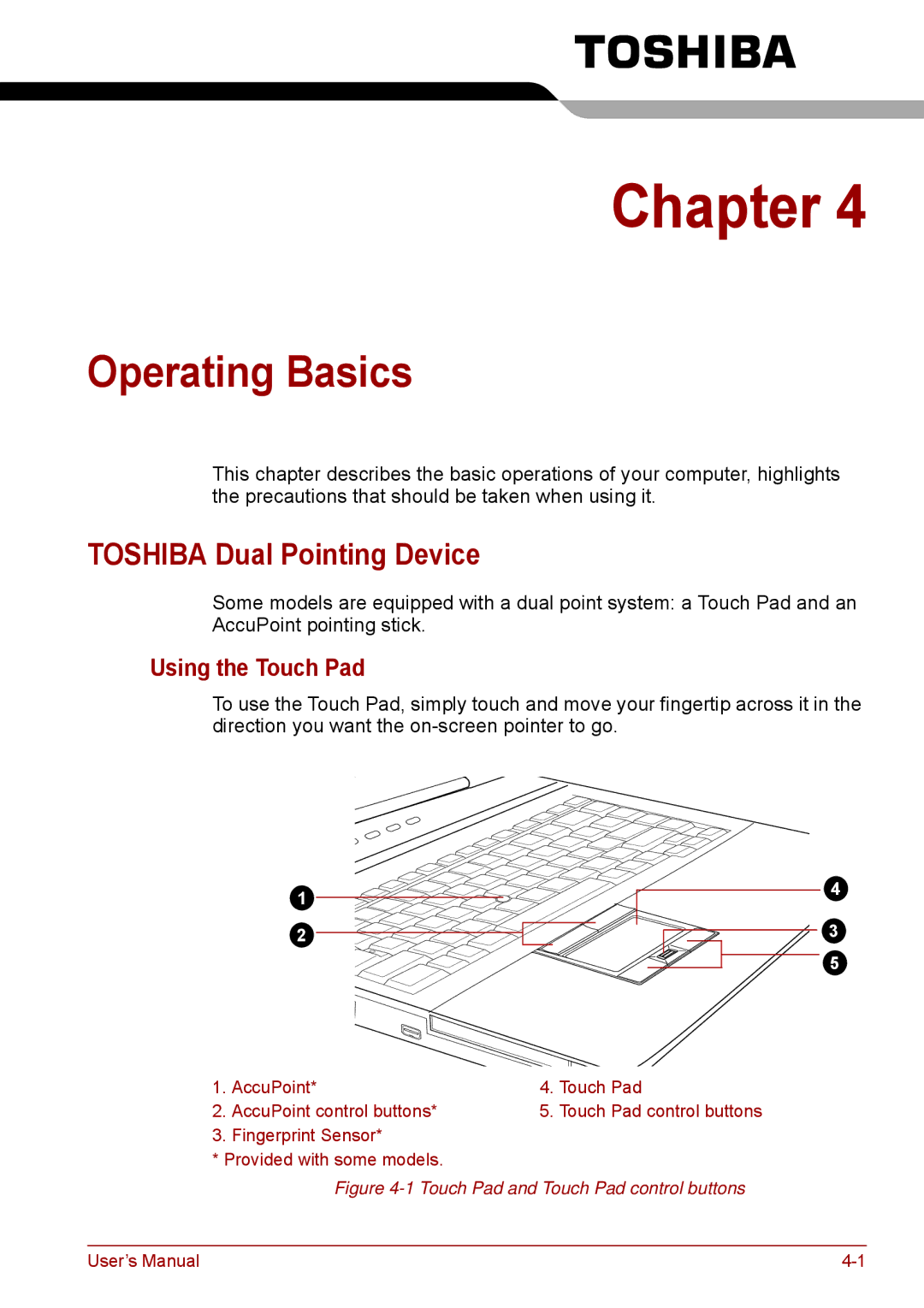 Toshiba P11, S11, A11 user manual Operating Basics, Toshiba Dual Pointing Device, Using the Touch Pad 