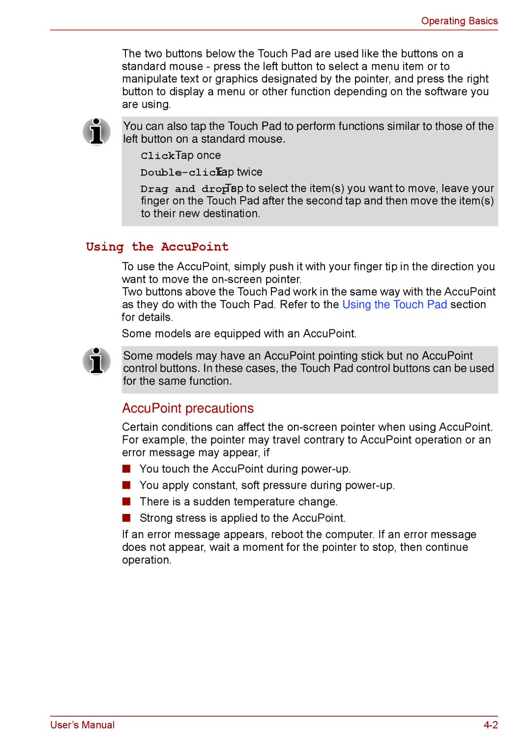 Toshiba S11, P11, A11 user manual Using the AccuPoint, AccuPoint precautions, Double-click Tap twice 