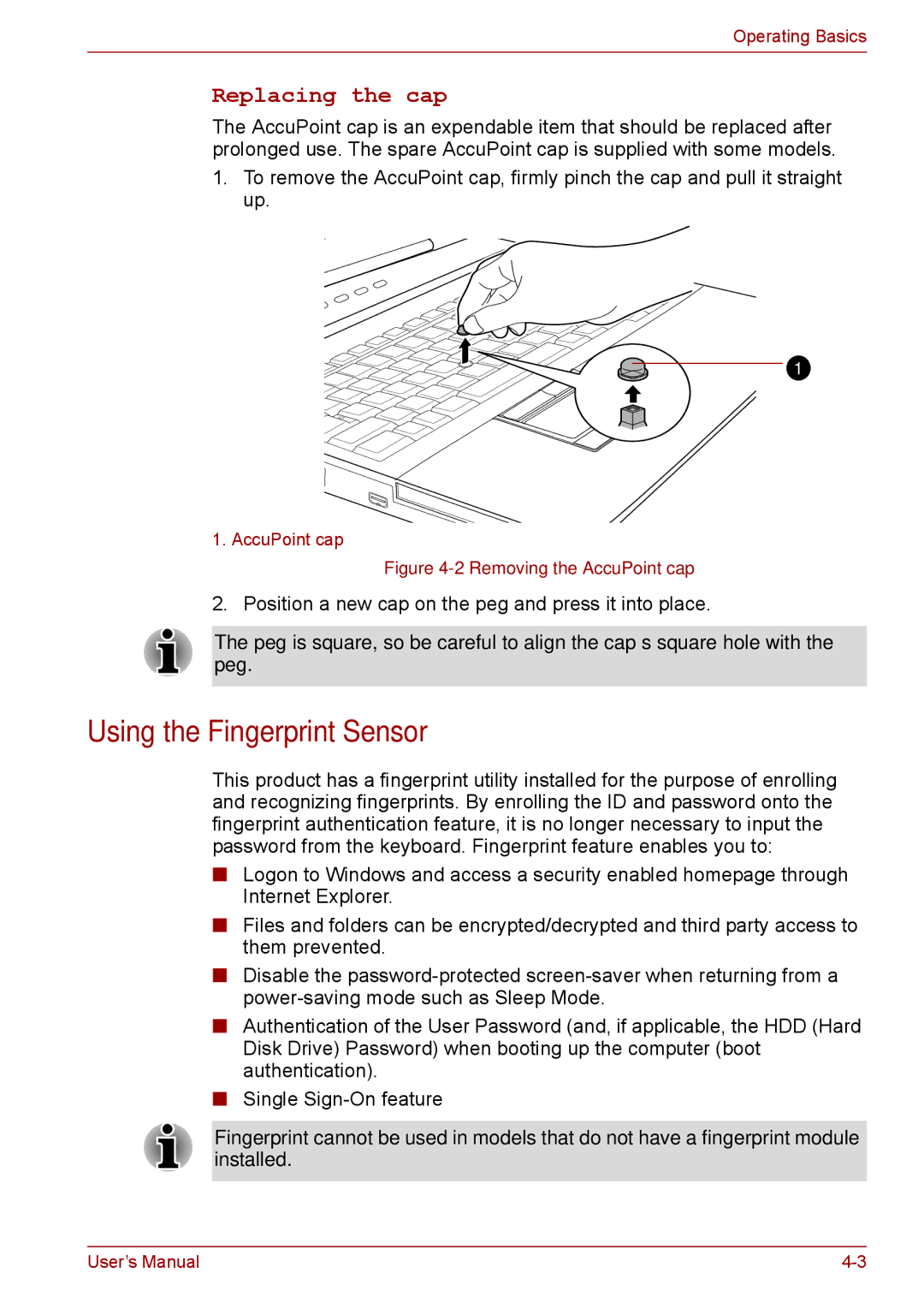 Toshiba A11, P11, S11 user manual Using the Fingerprint Sensor, Replacing the cap 