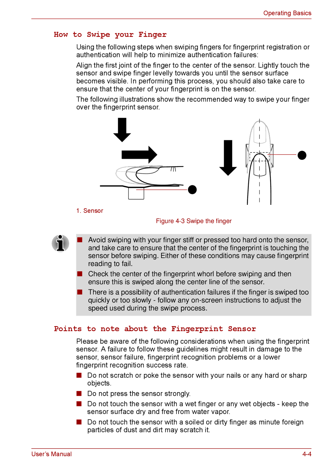 Toshiba P11, S11, A11 user manual How to Swipe your Finger, Points to note about the Fingerprint Sensor 