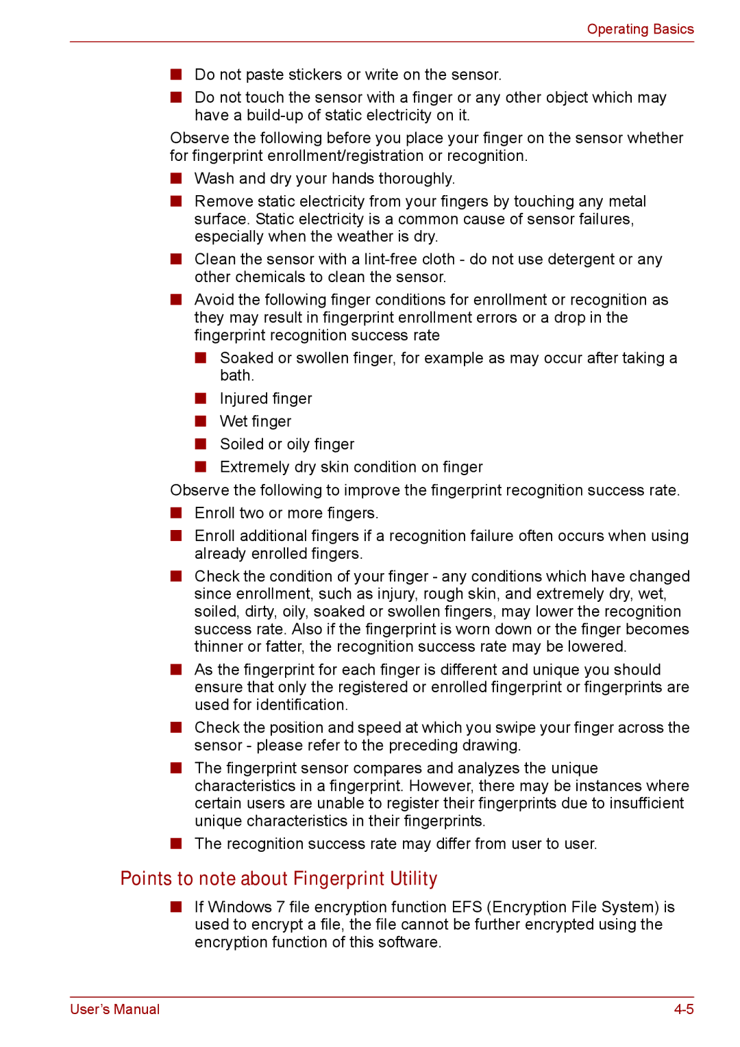 Toshiba S11, P11, A11 user manual Points to note about Fingerprint Utility 