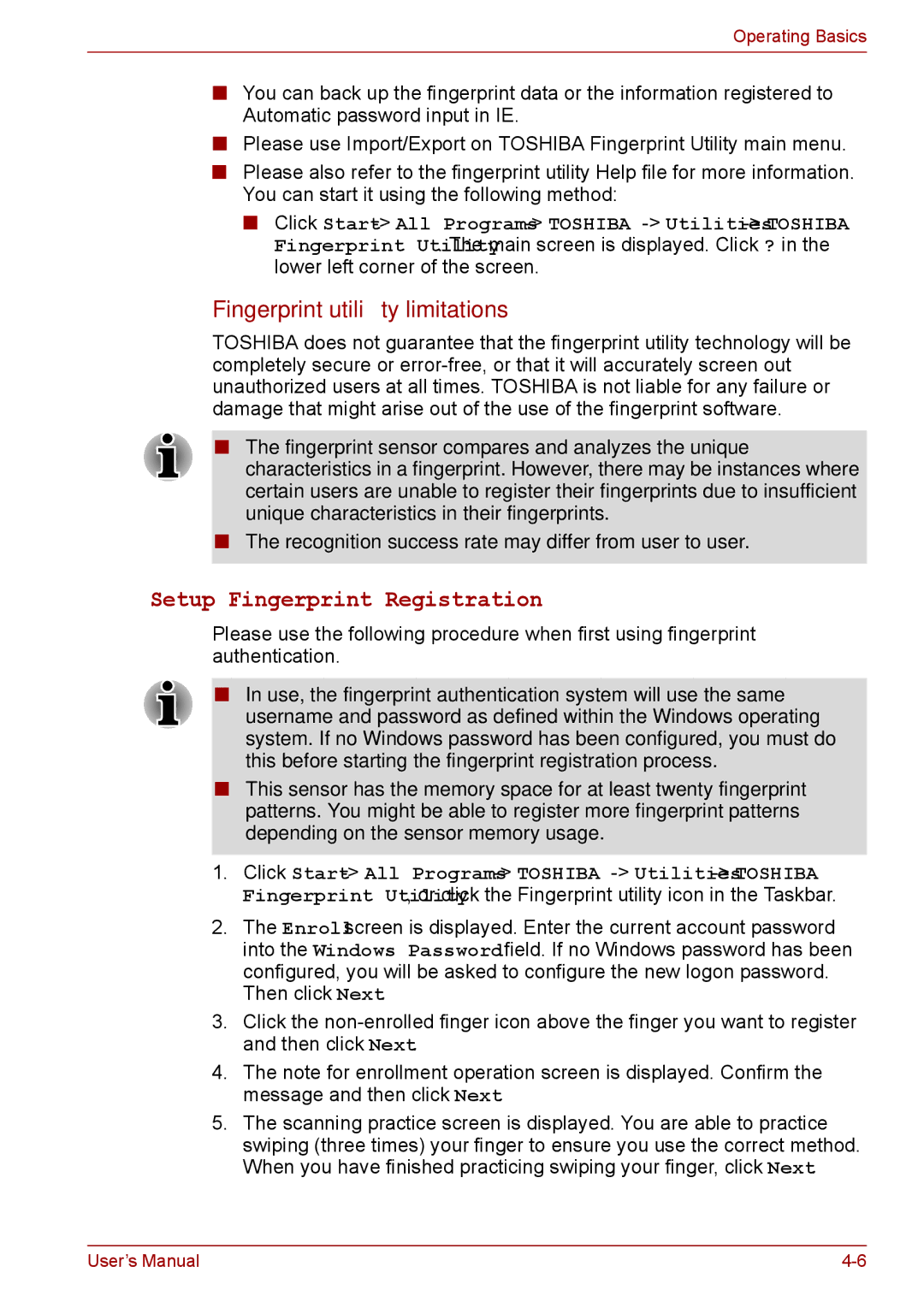 Toshiba A11, P11, S11 user manual Setup Fingerprint Registration, Fingerprint utility limitations 