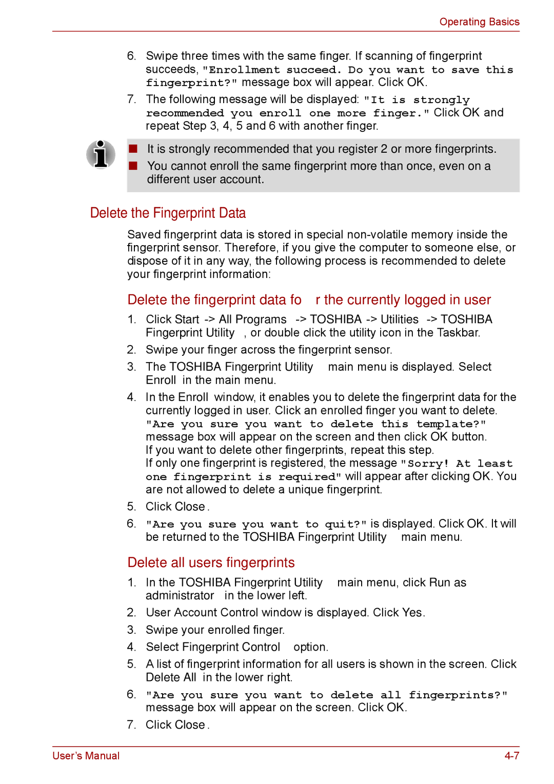 Toshiba P11, S11, A11 Delete the Fingerprint Data, Delete all users fingerprints, Select Fingerprint Control option 