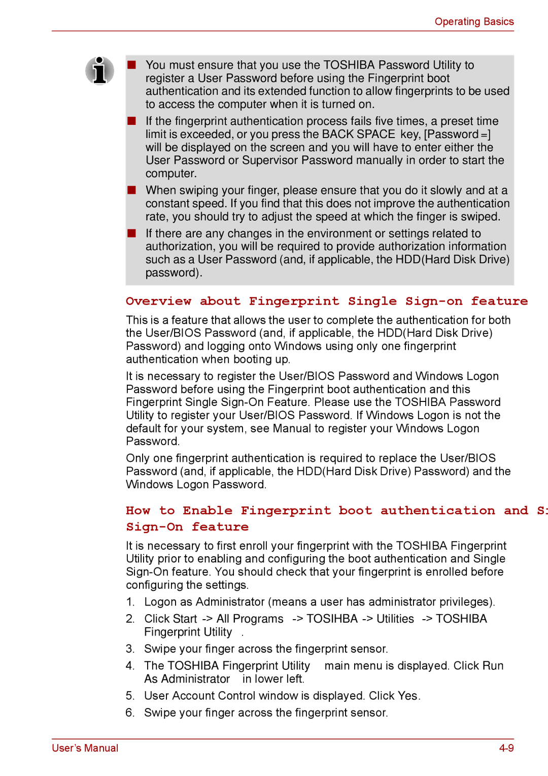 Toshiba A11, P11, S11 user manual Overview about Fingerprint Single Sign-on feature 